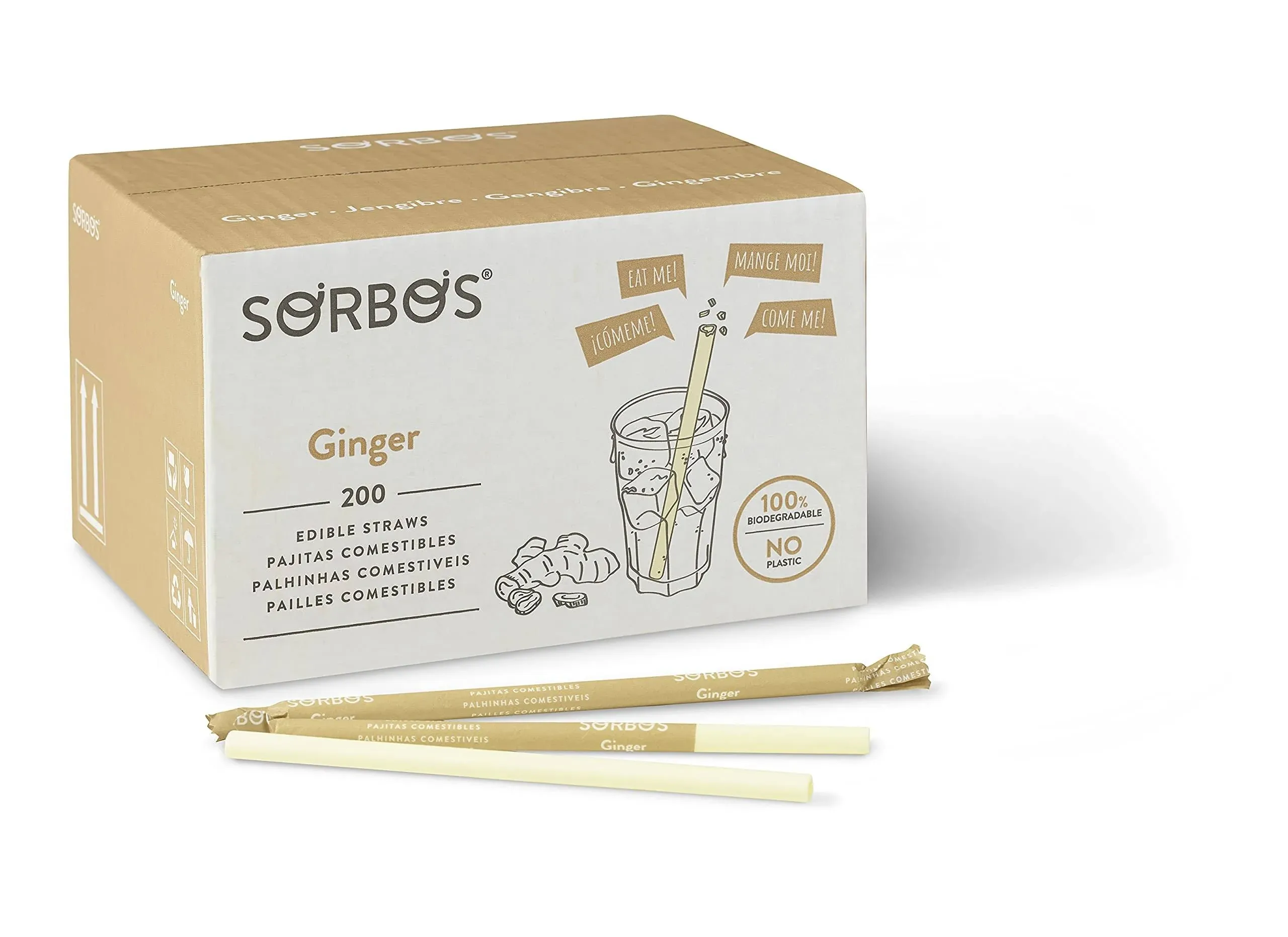 Sorbos Edible Straws Ginger Flavored Sustainable Individually Packaged No Plastic No Allergens No Gluten 100 Percent Biodegradable (Pack of 200)