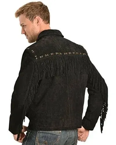 Men&#039;s Native American Western Cowboy Suede Leather Jacket Fringes &amp; Zipper Black