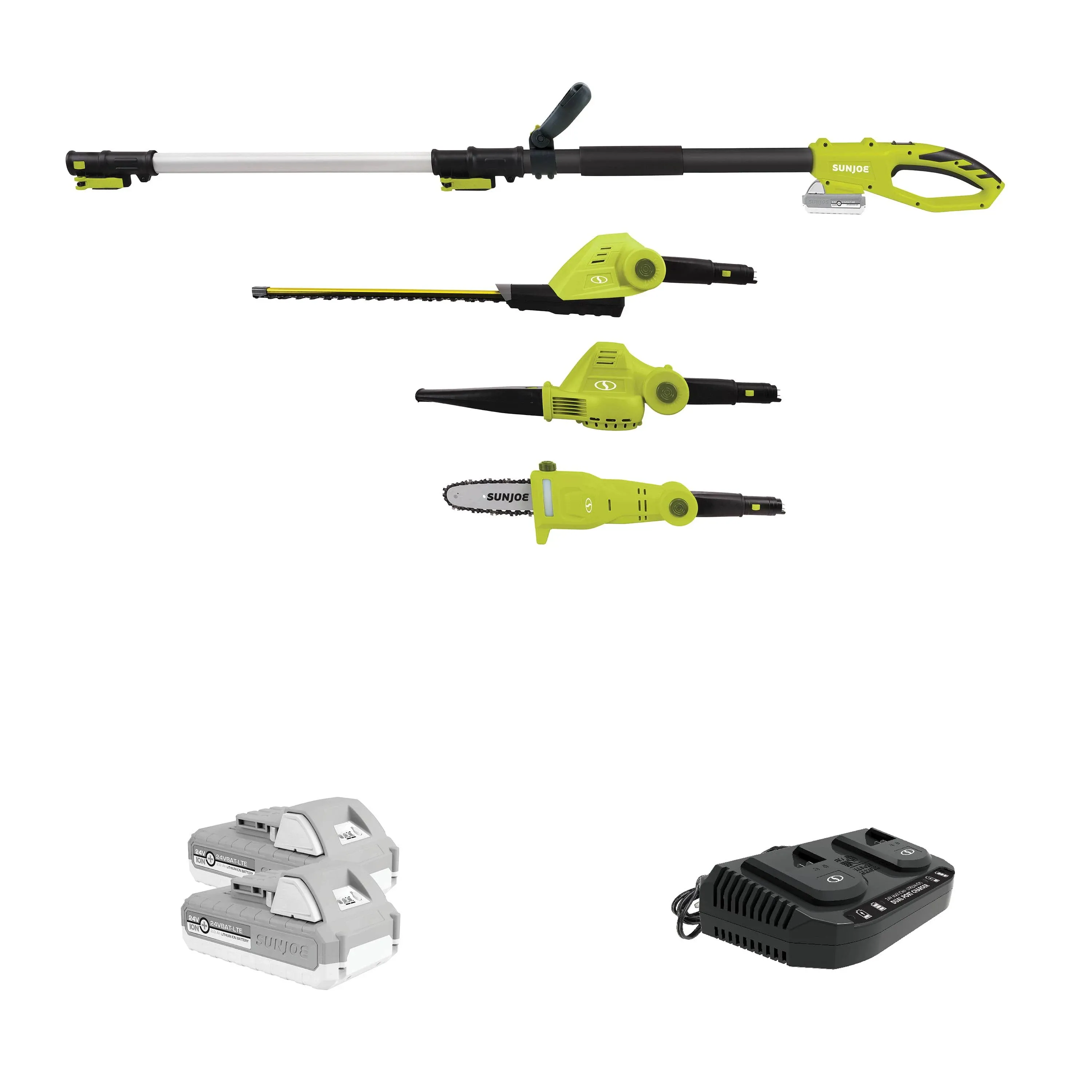 Sun Joe 24V Cordless 3-in-1 Hedge Trimmer + Pole Saw + Leaf Blower, 2 x 2.0-Ah Batteries & Charger