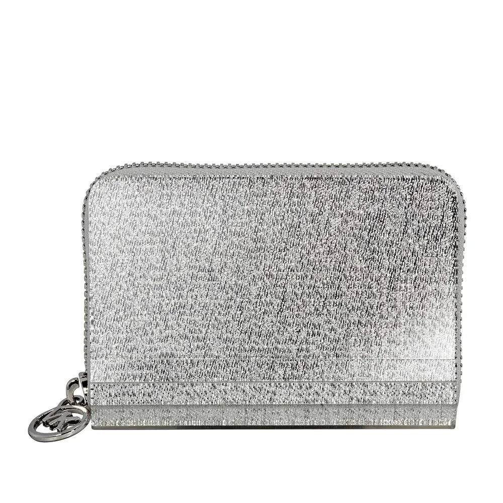 Michael Kors Barbara Zip Around Metallic Coin Case- Silver