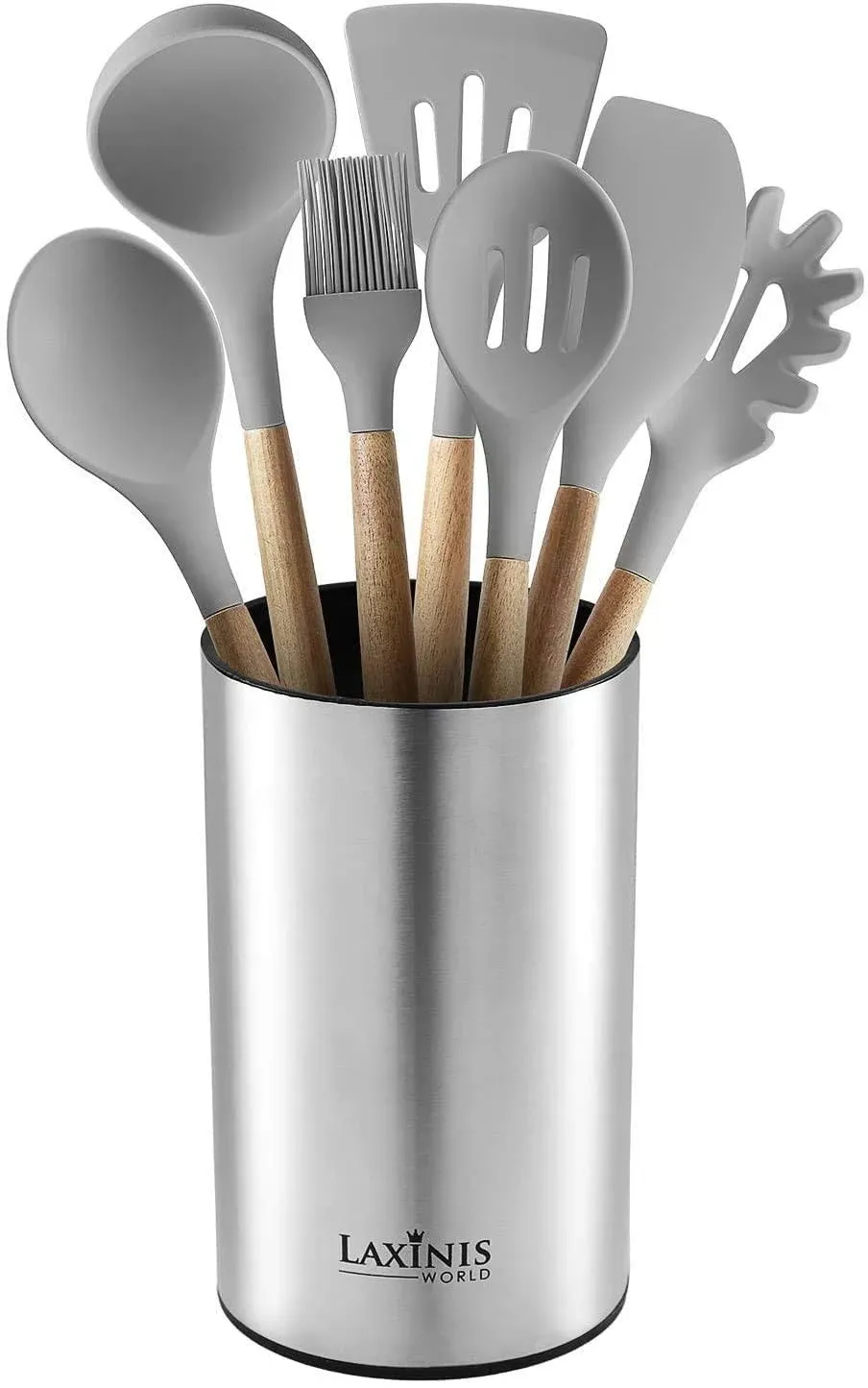 Laxinis World Stainless Steel Kitchen Utensil Holder, Kitchen Caddy, Utensil Organizer, Round Shape Utensils Crock, 7 inch by 4.3 inch (utensils Not Included)