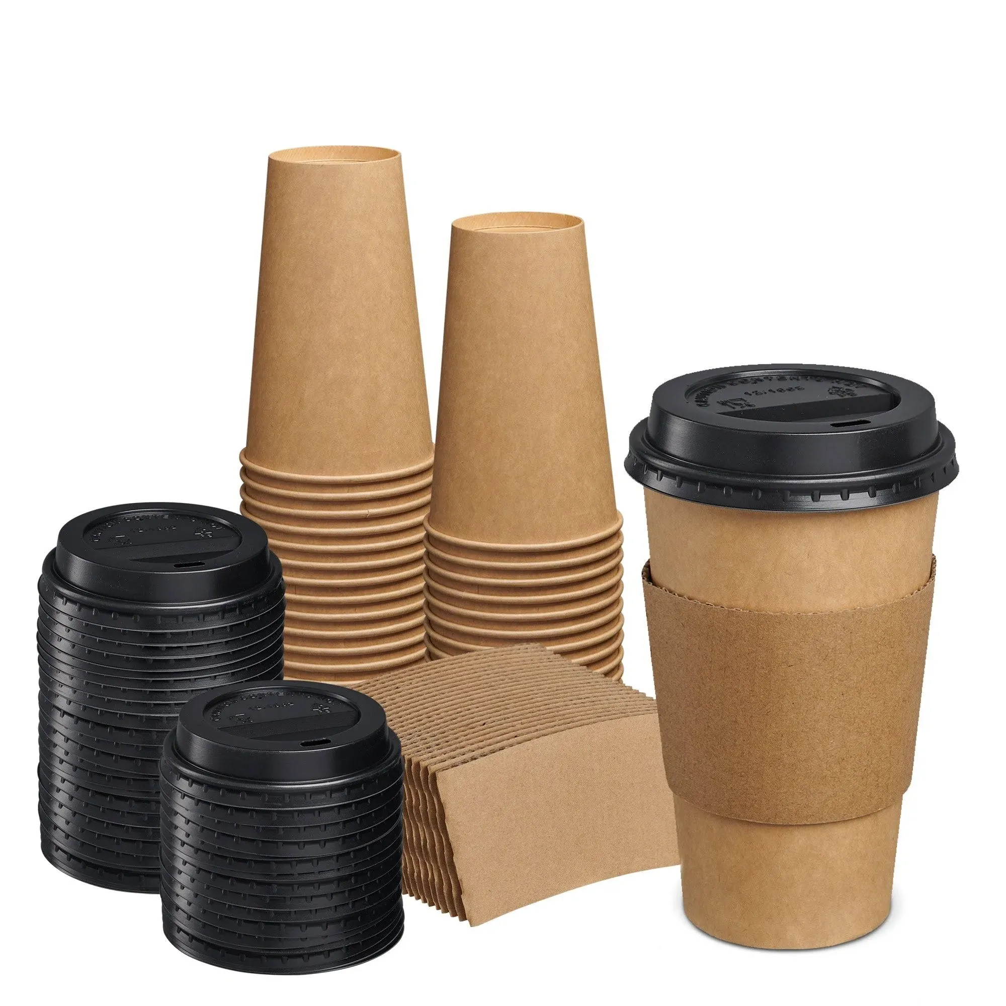 Comfy Package 16 oz. Disposable Kraft Coffee Cups with Black Lids, Sleeves - to ...