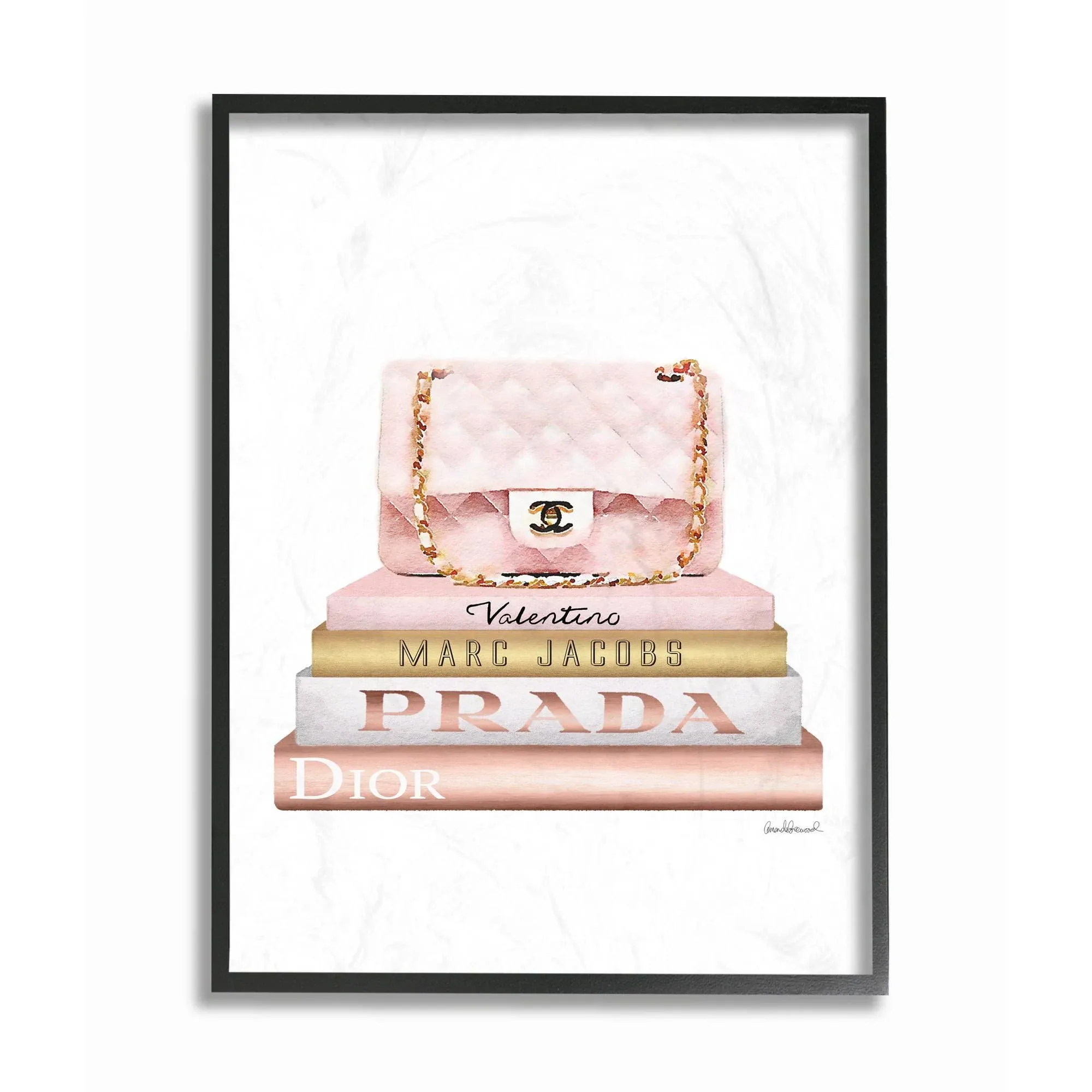 Stupell Industries Fashion Designer Purse Bookstack Pink White Gold Watercolor Framed Wall Art by Amanda Greenwood