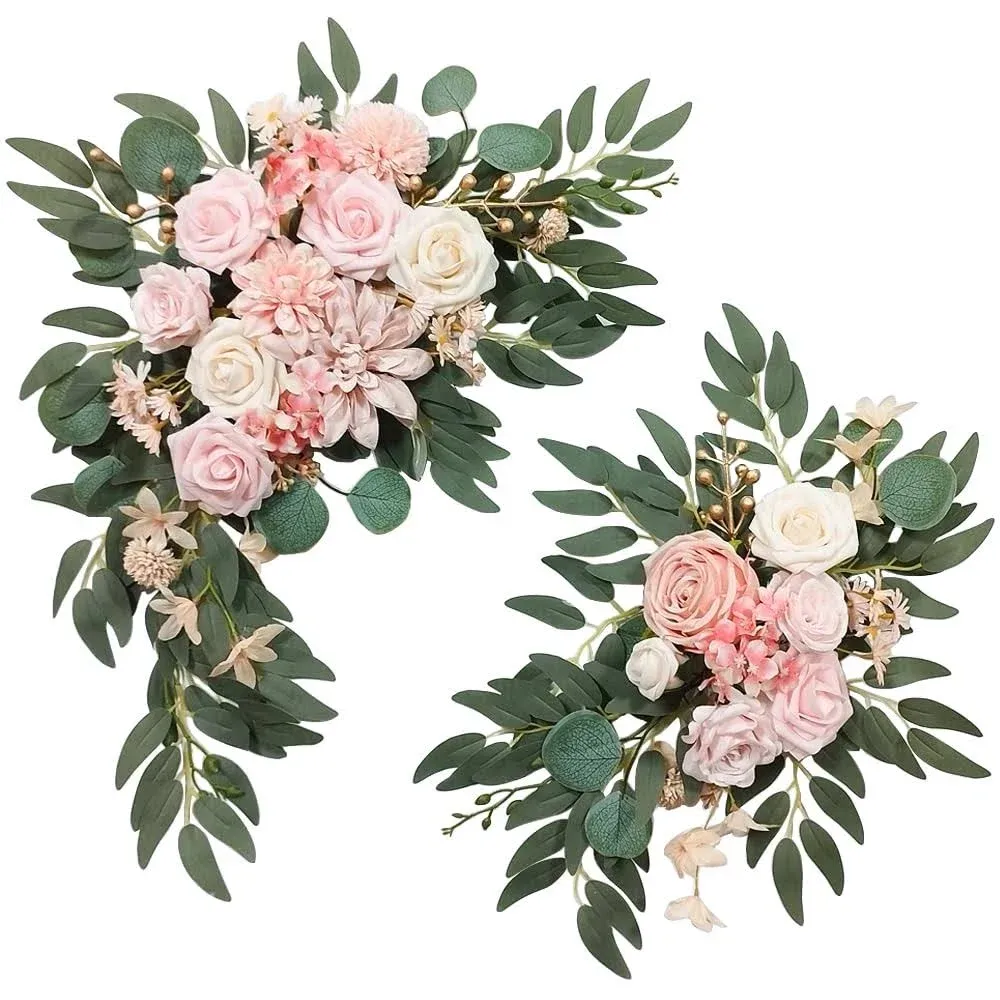 Artificial Flower Swag Wedding Arch Flowers Set of 2 Rose Flower Swag Arrangements for Wedding Party Welcome Ceremony Sign and Reception Backdrop Floral Decoration (Pink)