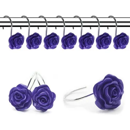 12 PCS Home Fashion Decorative Anti Rust Shower Curtain Hooks Rose Design Shower Curtain Rings Hooks (Purple)