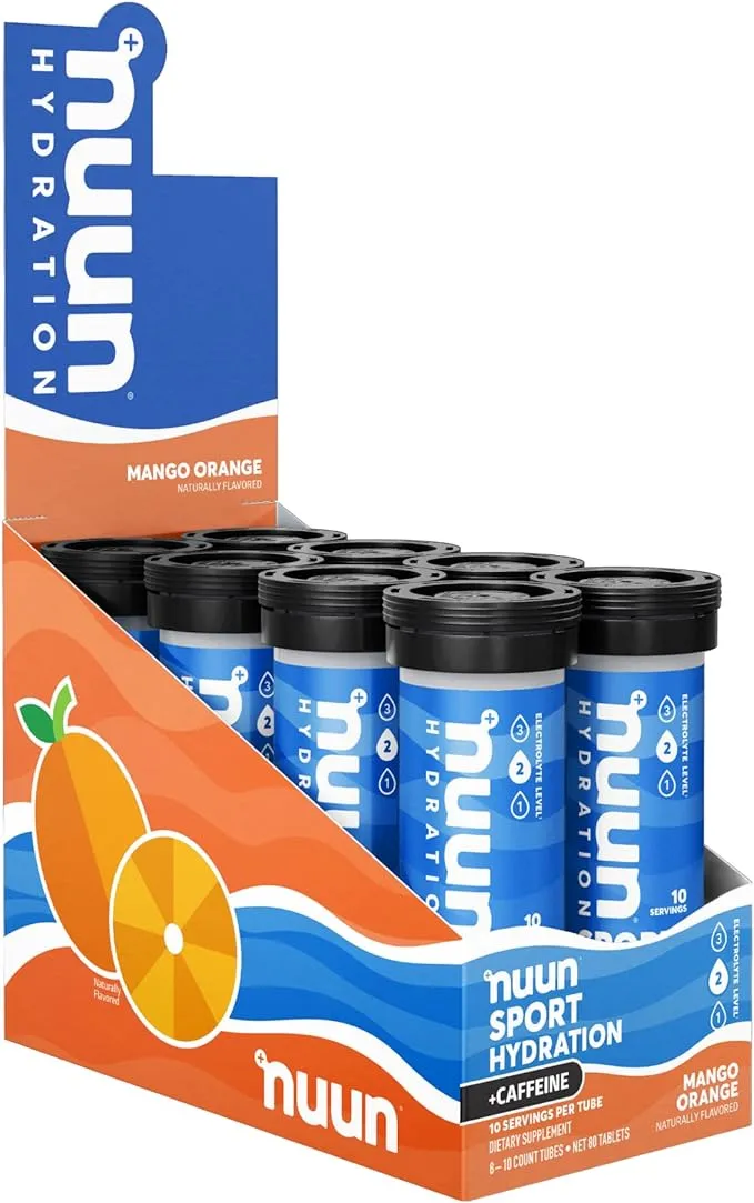 Nuun Sport + Caffeine Electrolyte Tablets for Proactive Hydration, Mango Orange, 8 Pack (80 Servings)