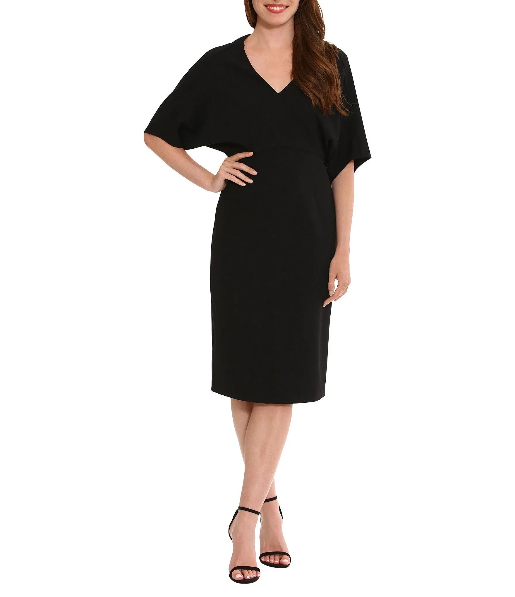 London Times Women's Chic V-Neck Dolman Sleeve Midi Sheath Polished Event Guest of Versatile