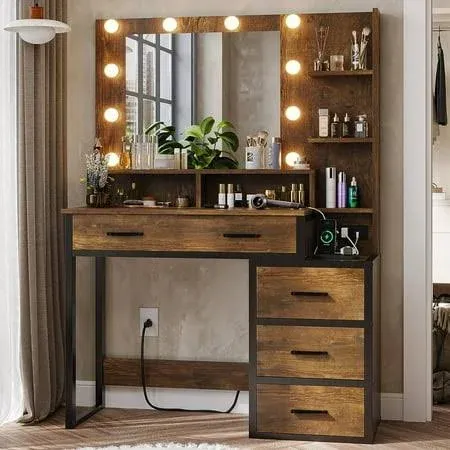 Tiptiper Vanity Desk, Makeup Vanity with Mirror and 10 LED Lights, 3 Lighting ...