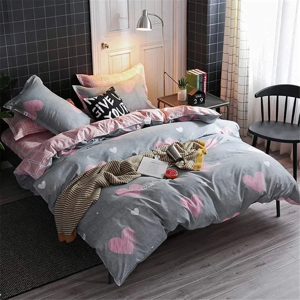 Kids Girls Duvet Cover Set Queen Pink/grey Reversible Soft Microfiber Bedding Se