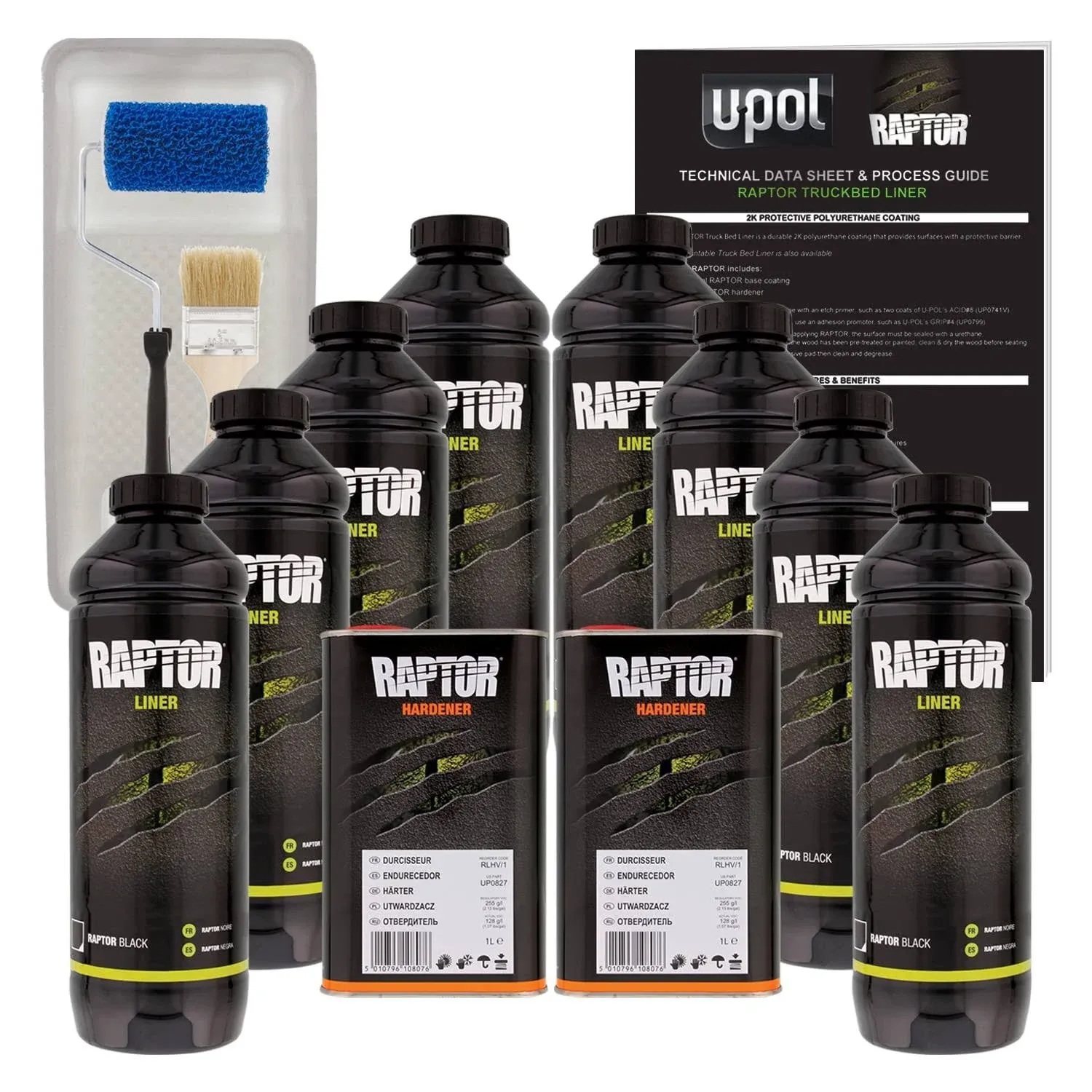 Raptor Black Urethane Spray-On Truck Bed Liner Kit Roller,Tray &amp; Brush, 8 Liters