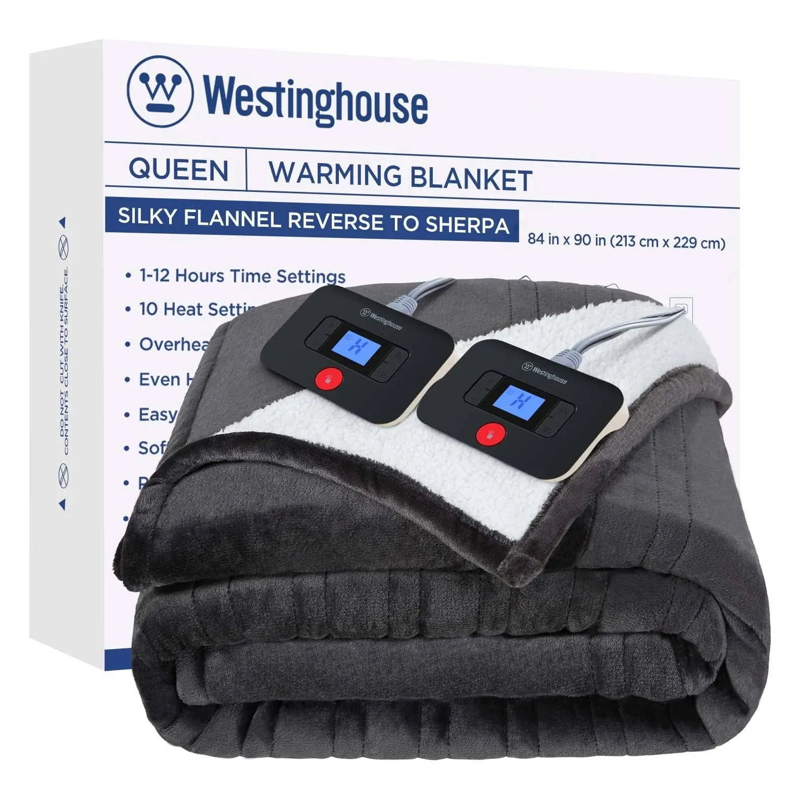 Westinghouse Heated Warming Blanket Flannel to Sherpa in Charcoal, Size Queen ...