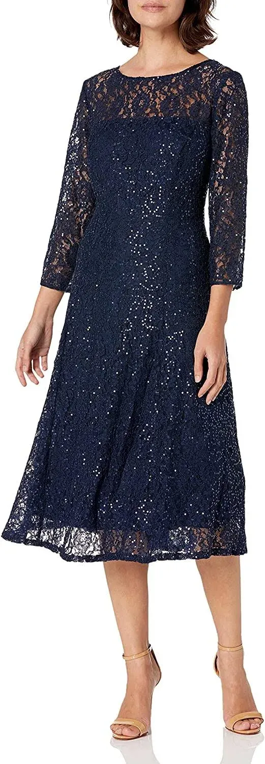 Ignite Evenings Petite Size Round Neck 34 Sleeve Tea Length Sequin Lace Dress - 12p