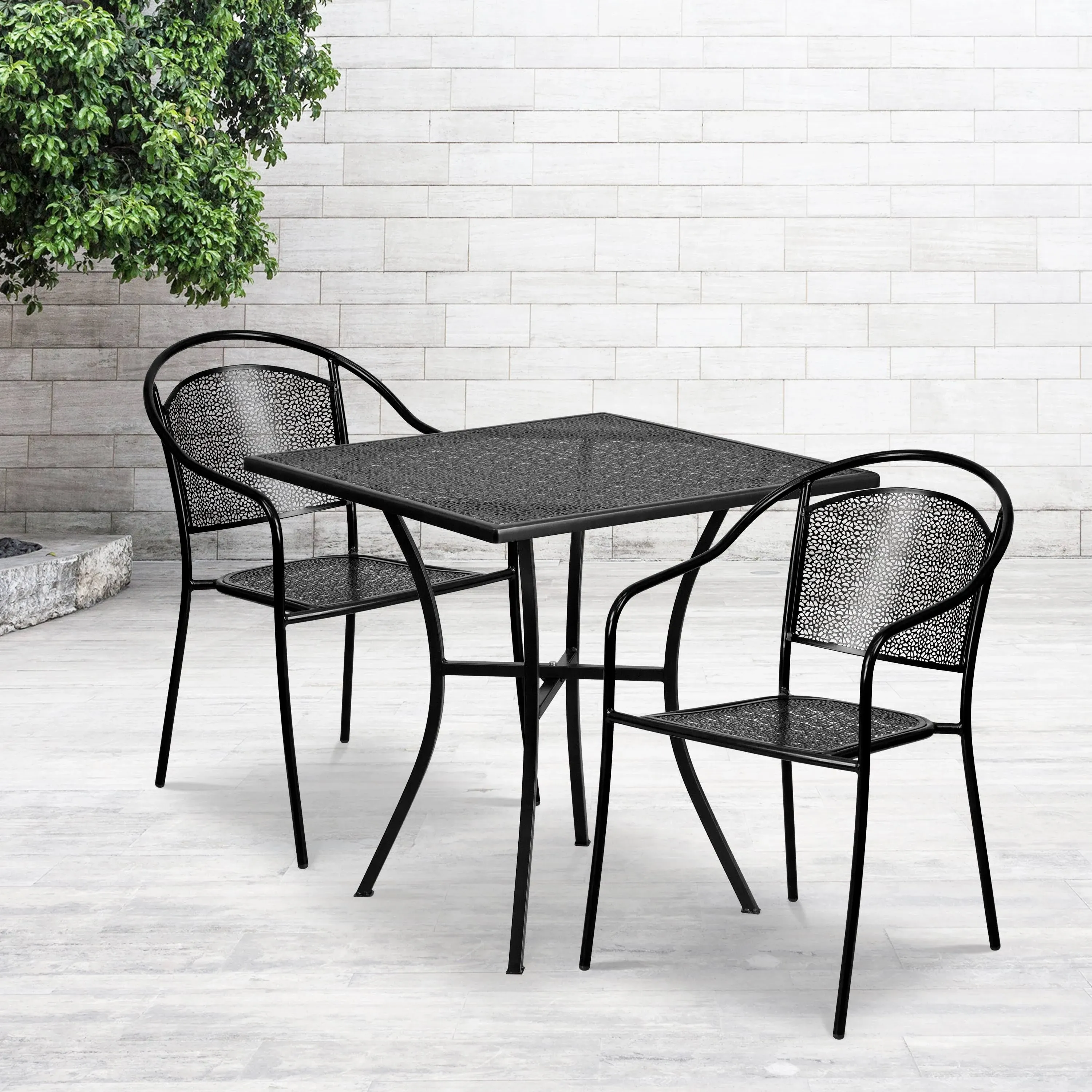 Oia Commercial Grade 28" Square Black Indoor-Outdoor Steel Patio Table Set with 2 Round Back Chairs