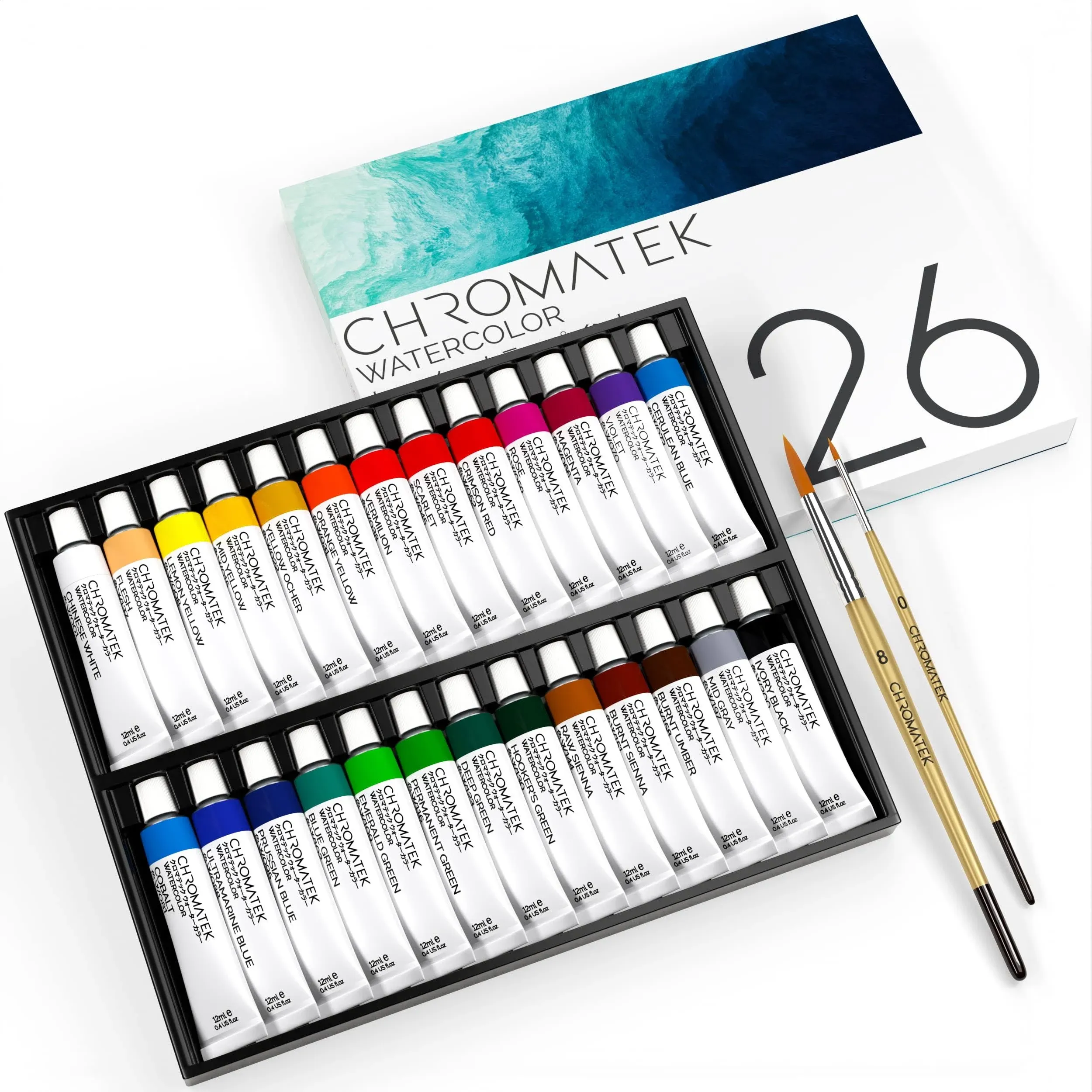 26 x 12ml Watercolor Paint Tube Set | 2 x Professional Brushes | Richly Pigmented ...