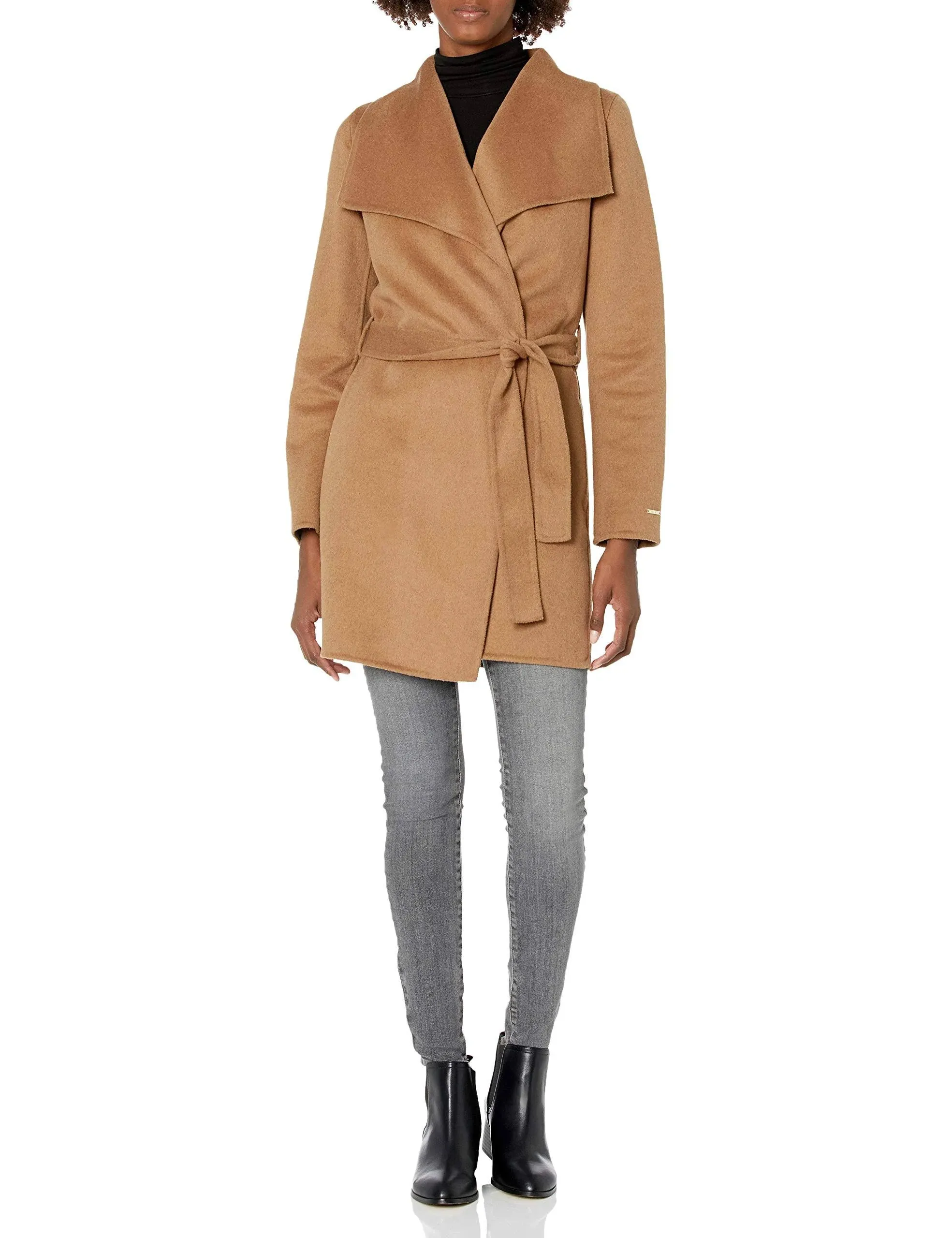 TAHARI Women's Lightweight Wool Wrap Coat with Tie Belt