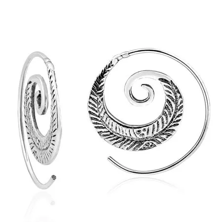 Feather Nature Branch Spiral Slide Hoop .925 Sterling Silver Earrings | Sterling Silver Hoop Earrings | Earrings for Women | Hoop Earrings Set