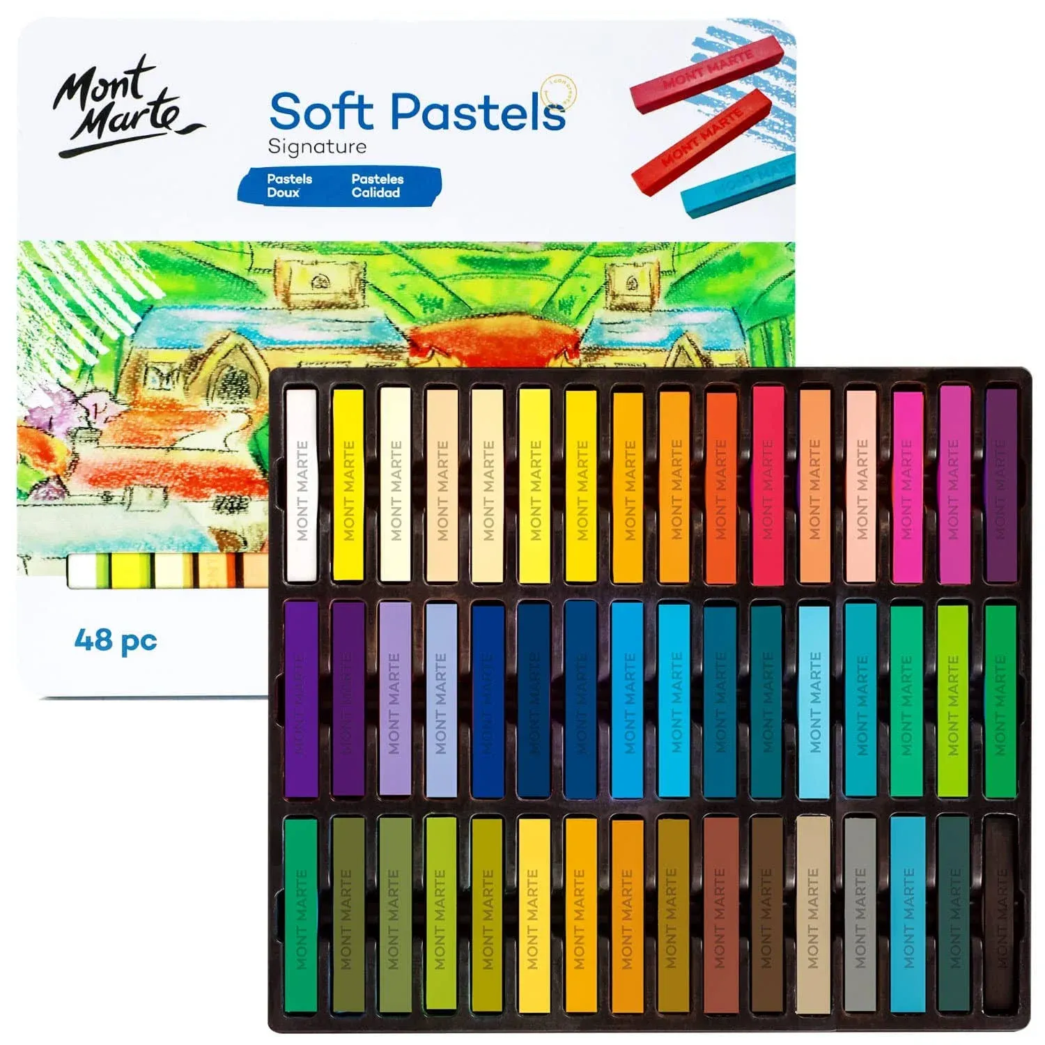 Mont Marte Soft Pastels in Tin Box Signature 48pc, 48 Assorted Colors, Vibrant Pastel Sticks, Great Blending, Comes in Storage Case, Ideal for Art, Craft, Coloring and Sketching