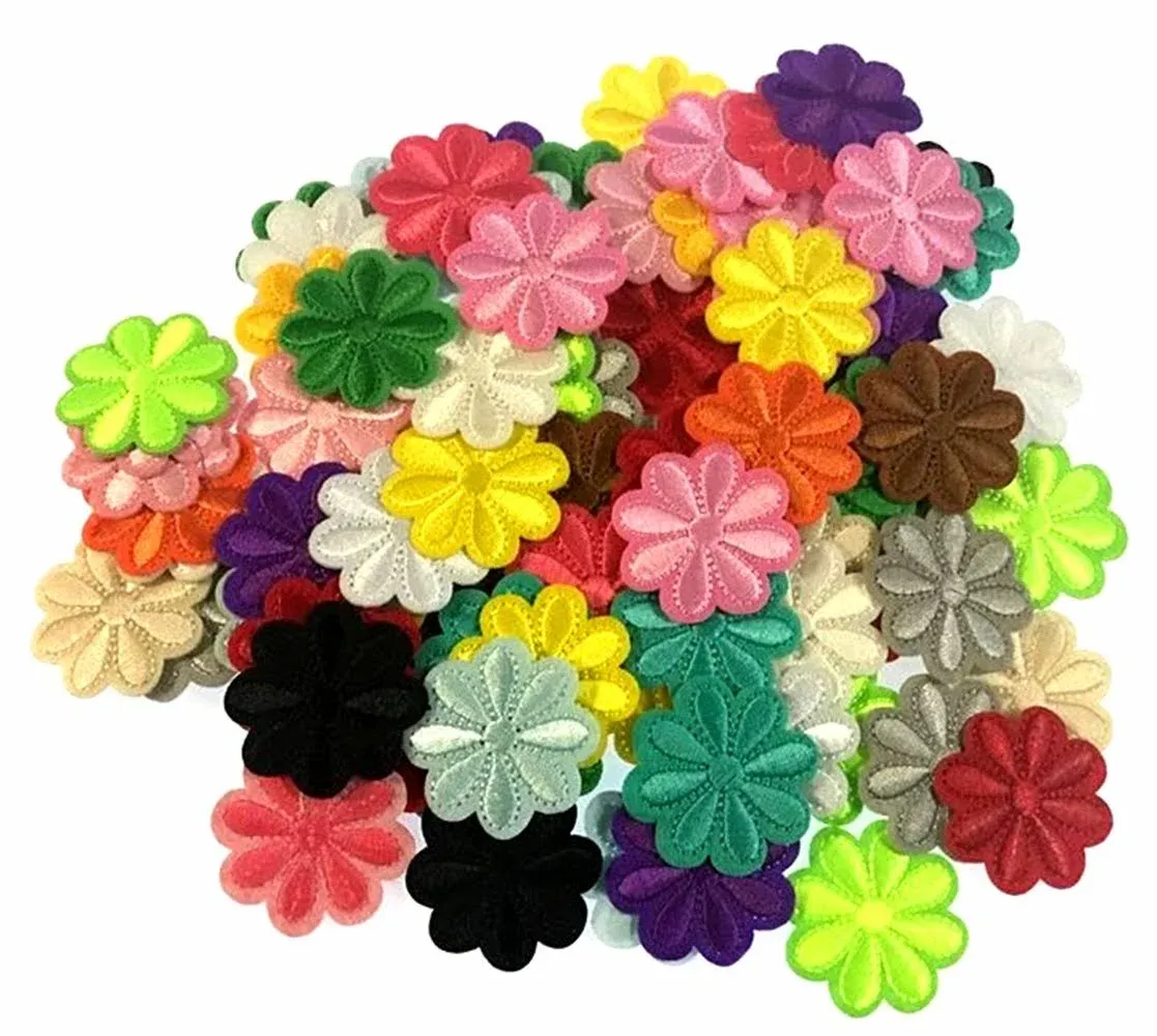 100PCS Assorted Color Small Flower Patch Sticker Embroidery Badge Iron On Applique Patch for Bags Jackets Tablecloth Bedsheets(100PA-FLOWER)