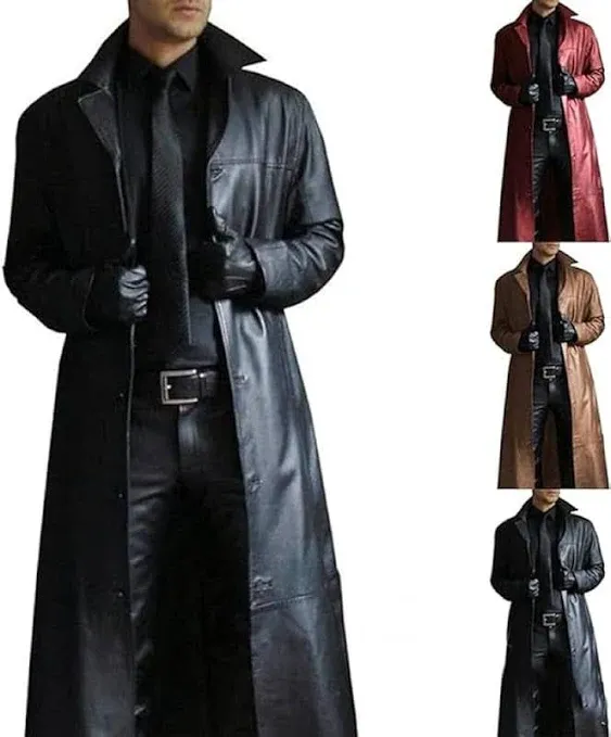 Mens Leather Trench Coat Full Length Black Classic Faux Leather Long Coat