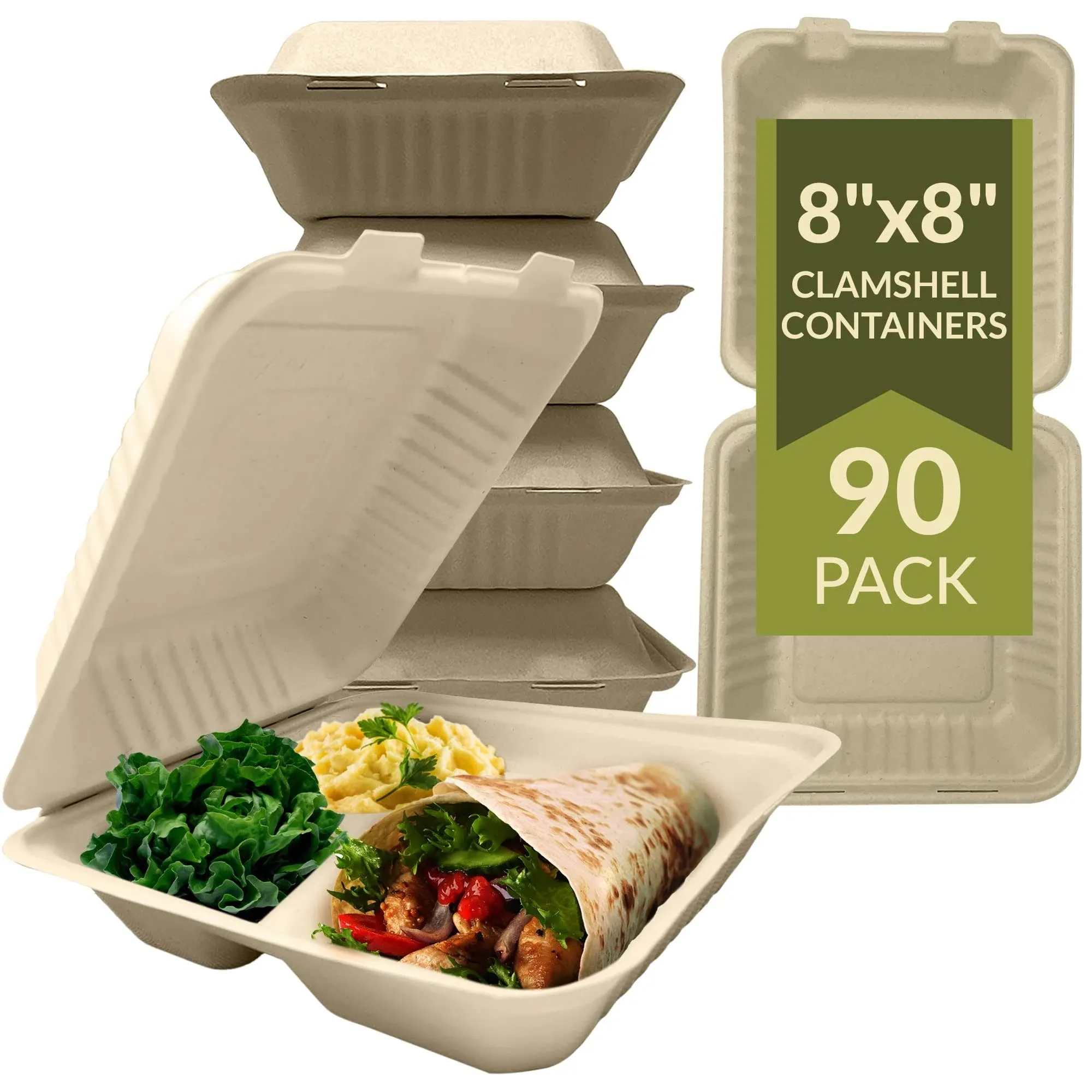 Compostable Clamshell Togo Containers 90 Pack 8x8 Inch 3 Compartment Disposabl