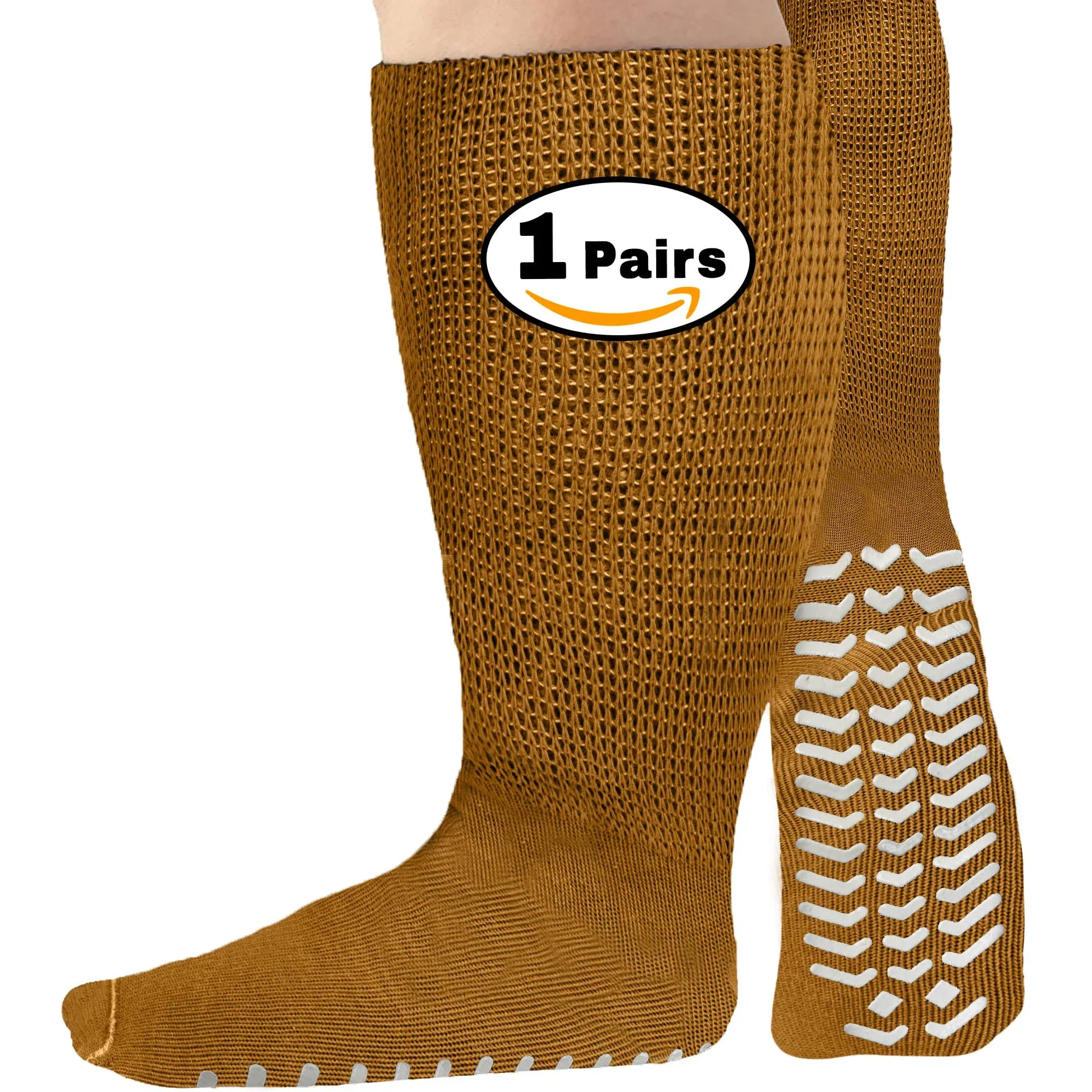 M.B. Leaf Extra Wide Mustard Socks for Swollen Feet - Non-Slip Grips, Stretch up to 30'', Ideal for Diabetics & Bariatric Use, Hospital 1 Pair