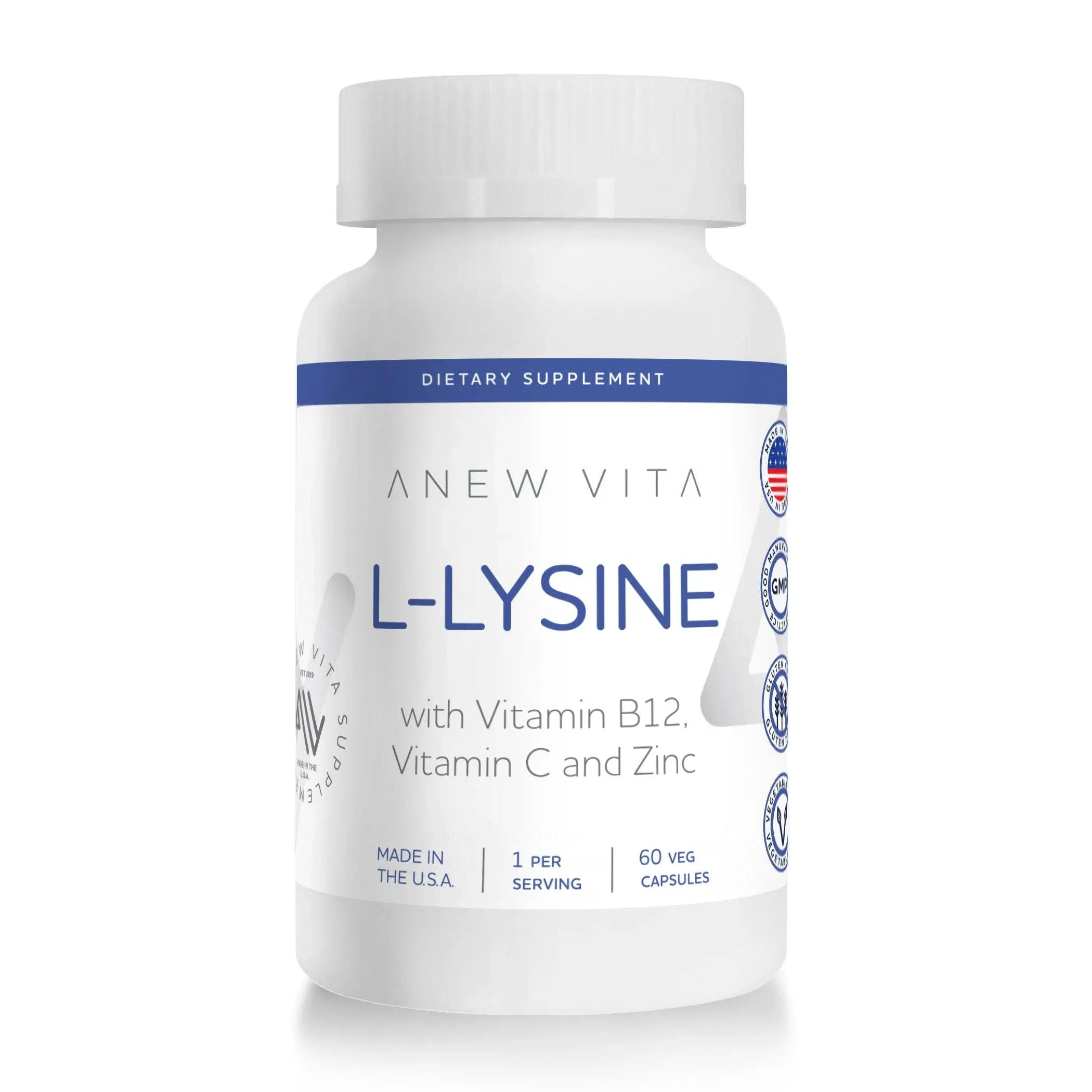 L-Lysine Supplement with Vitamin B12 + C + Zinc for Lip, Mouth, and Oral Tissue Health - Enhanced Wellness Support - Non-GMO, Gluten-Free - Made in USA - 60 Vegetable Capsules, 500mg