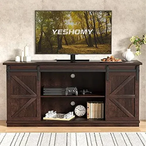 YESHOMY Modern Farmhouse TV Stand with Two Barn Doors and Storage Cabinets for Televisions up to 65+ Inch