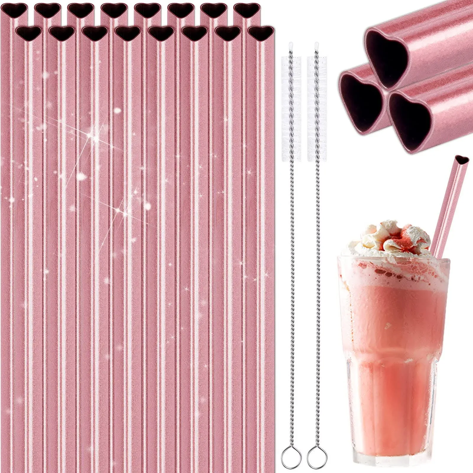 NiHome Reusable Straws 16 Pack, Stainless Steel Drinking Straws, Heart Shaped Metal Straw Bulks with 2 Cleaning Brushes for Smoothies Tumblers Cocktail MilkShake, Pearl Pink