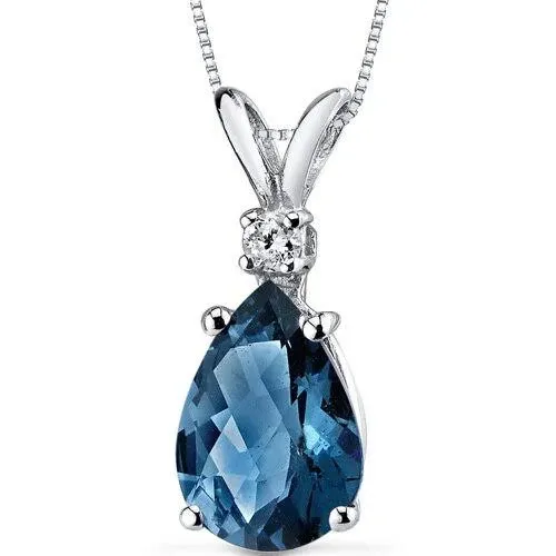 Peora London Blue Topaz Pendant 14 Karat White Gold Pear