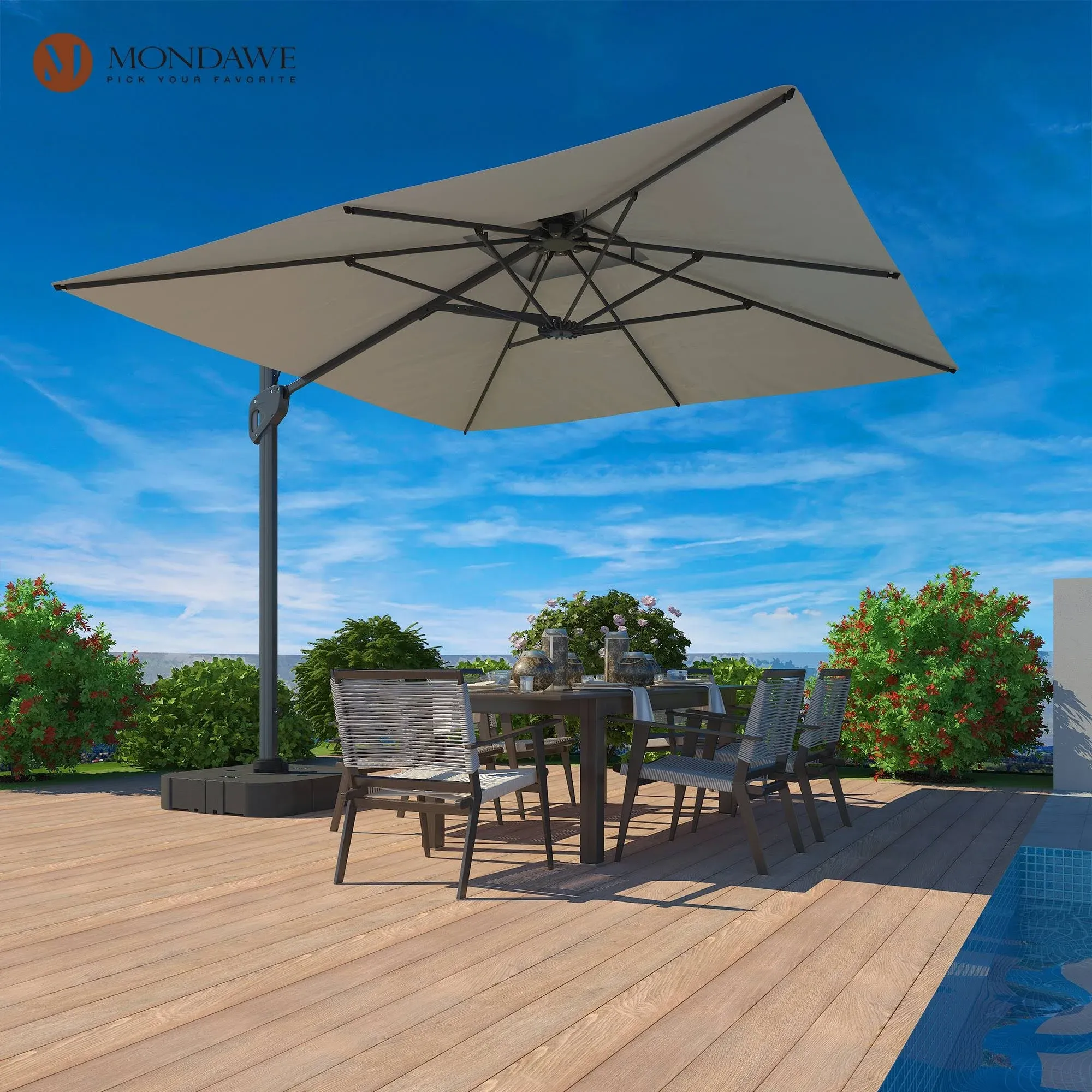 MONDAWE 10 FT Cantilever Patio Umbrella Square Offset Double Top Large Cantilever Umbrella Heavy Duty Sun Umbrella with 360°Rotation Patio Hanging Umbrella with Base for Garden Deck Pool Backyard