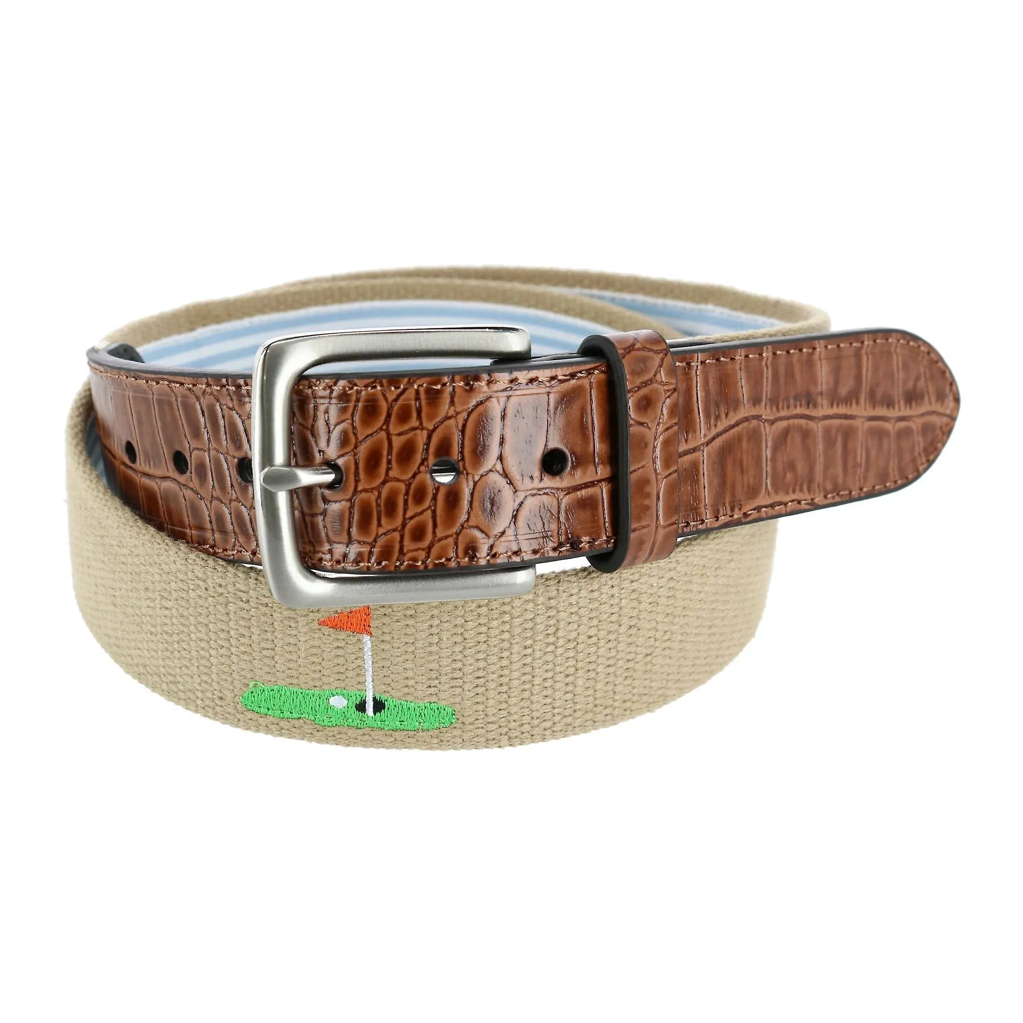 Greg Norman Men's Fabric Golf Belt with Croco Tabs - Khaki and Brown