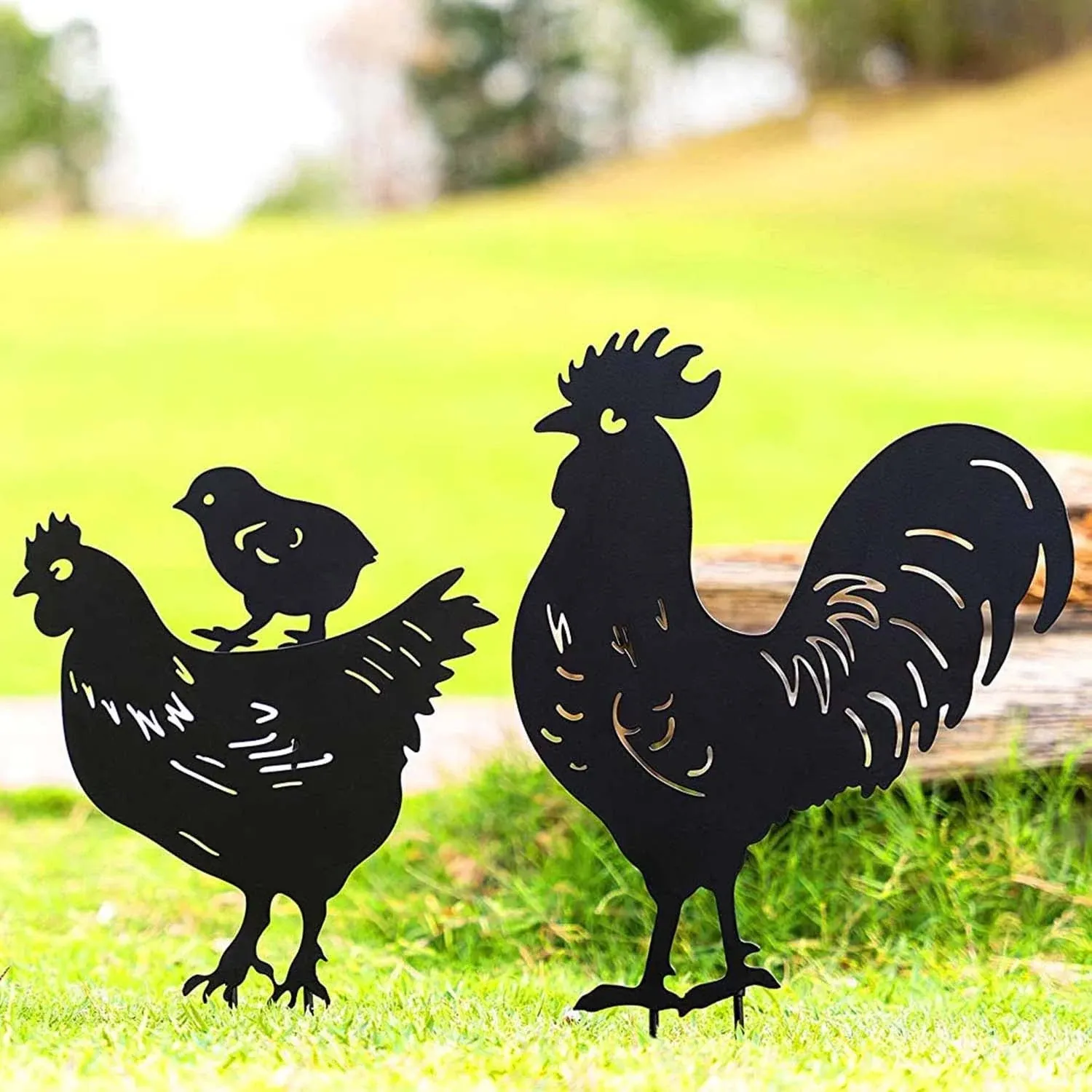 Rooster Yard Decor Metal Decorative Garden Stakes - Chicken Yard Art Rooster and Hen with Chicks Statues Idea Garden Gifts for Outdoor, Patio,