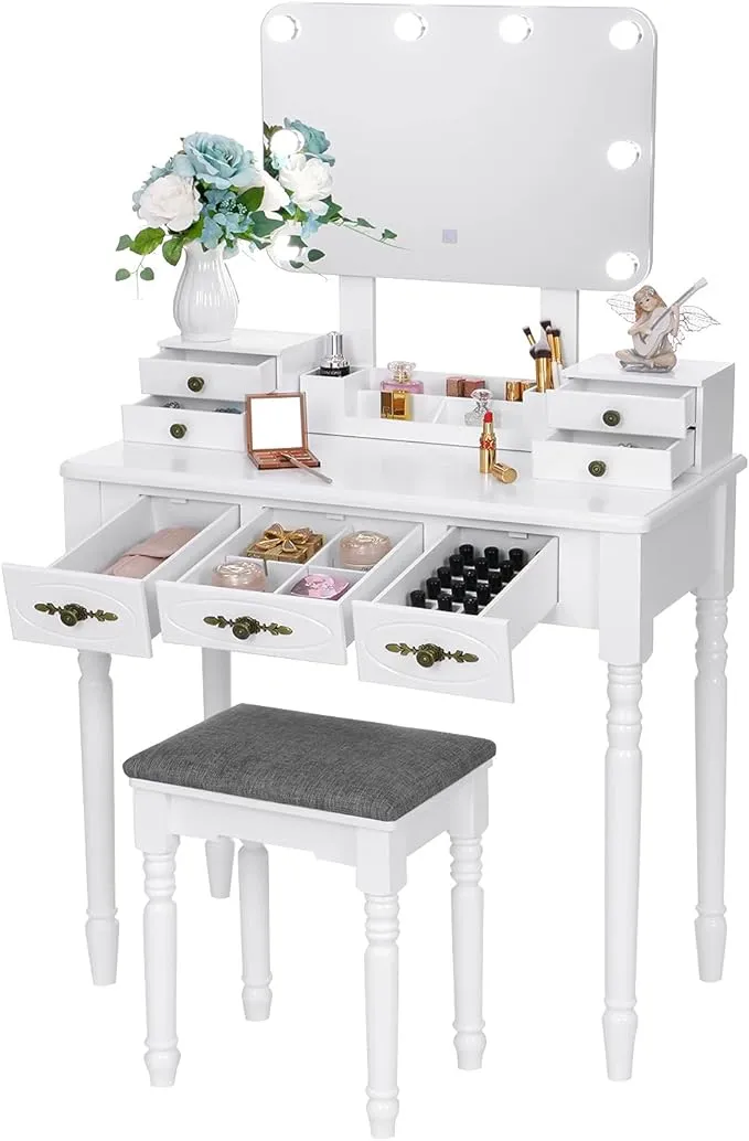 BEWISHOME Vanity Desk with Mirror and Lights, Makeup Vanity with Lights, Vanity Table with 8 LED Bulbs & 3 Colors Lighting, White Vanity Set with 7 Drawers & Stool, Dressing Table Makeup Desk FST13W