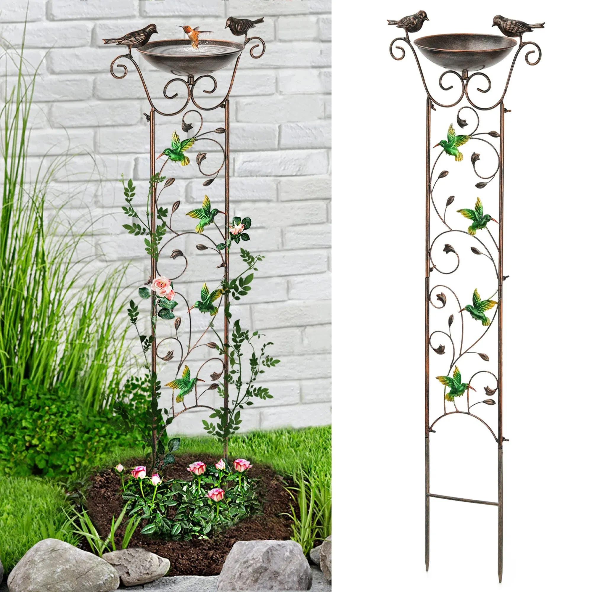 SUNNYPARK Bird Bath with Trellis Outdoor, Antique Garden Iron Plant Trellis with Decorative Dragonfly Detachable Bird Bath Bowl Metal Potted Plant Support for Climbing Flowers