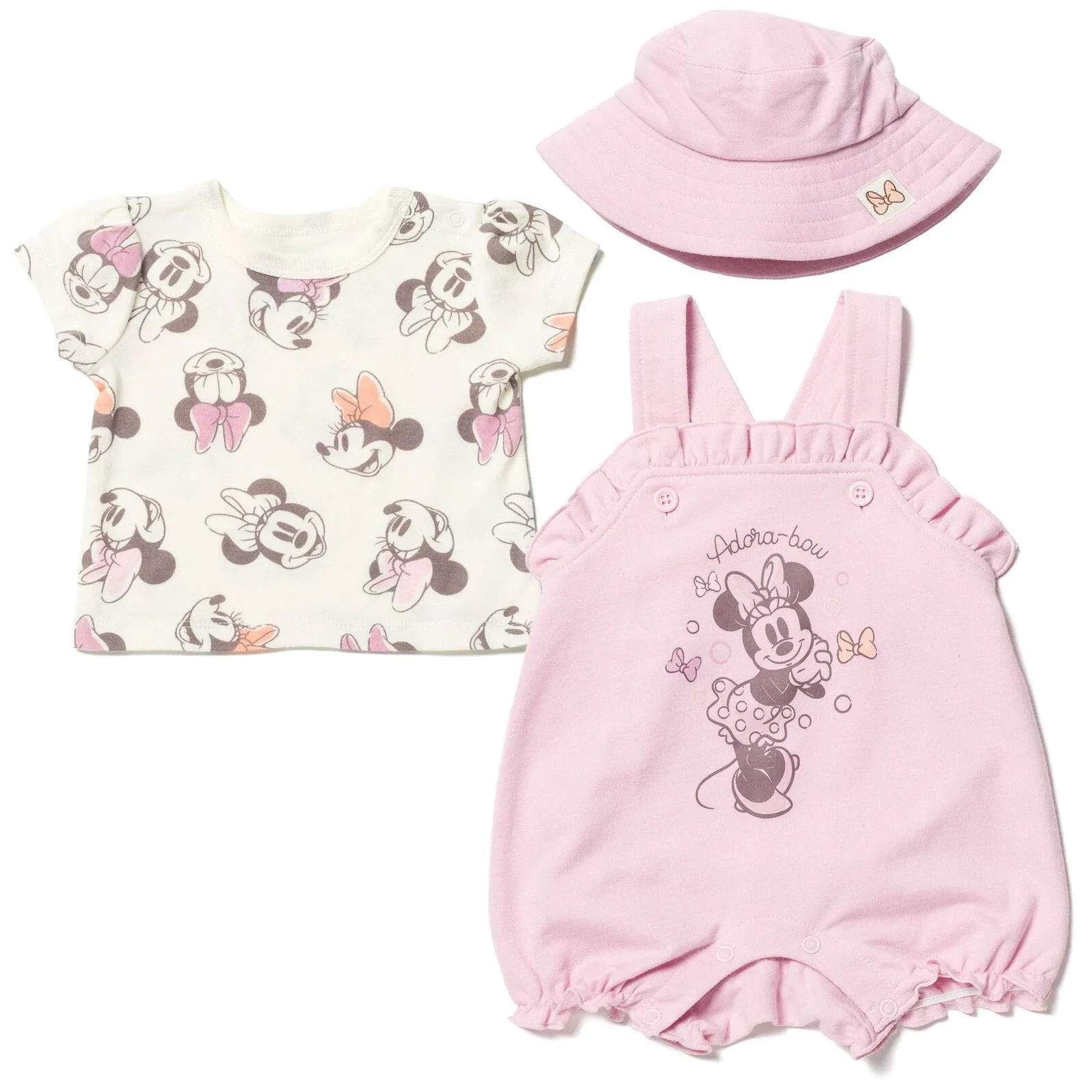 Mickey Mouse & Friends Minnie Mouse Infant Baby Girls French Terry Short Overalls T-Shirt and Hat 3 Piece Outfit Set Pink 18 Months