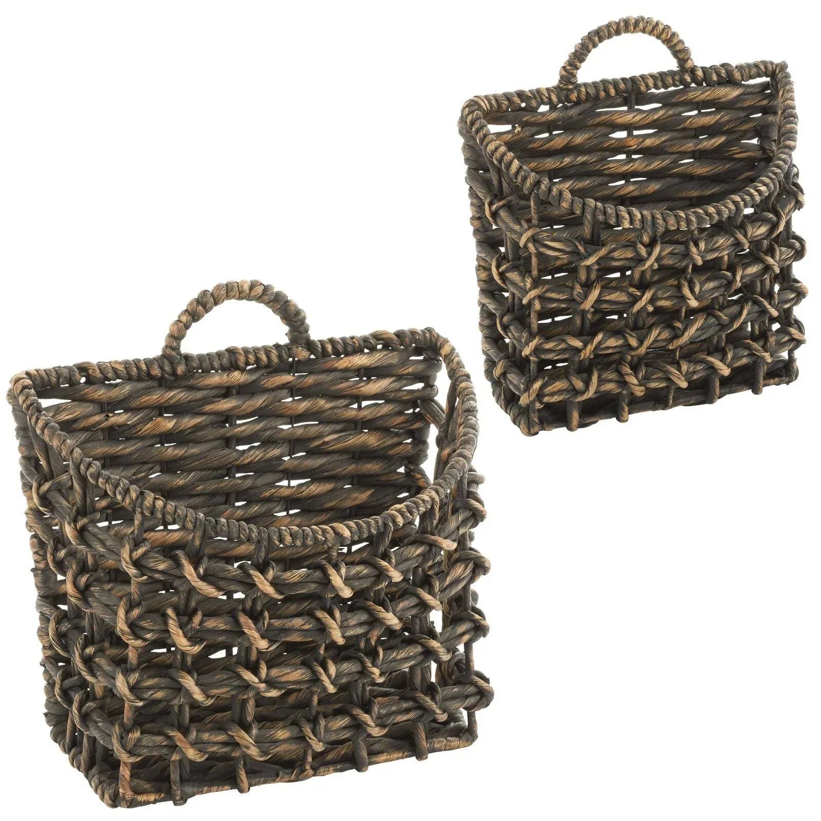 mDesign Woven Water Hyacinth Hanging Wall Storage Basket - Set of 2 - Black Wash