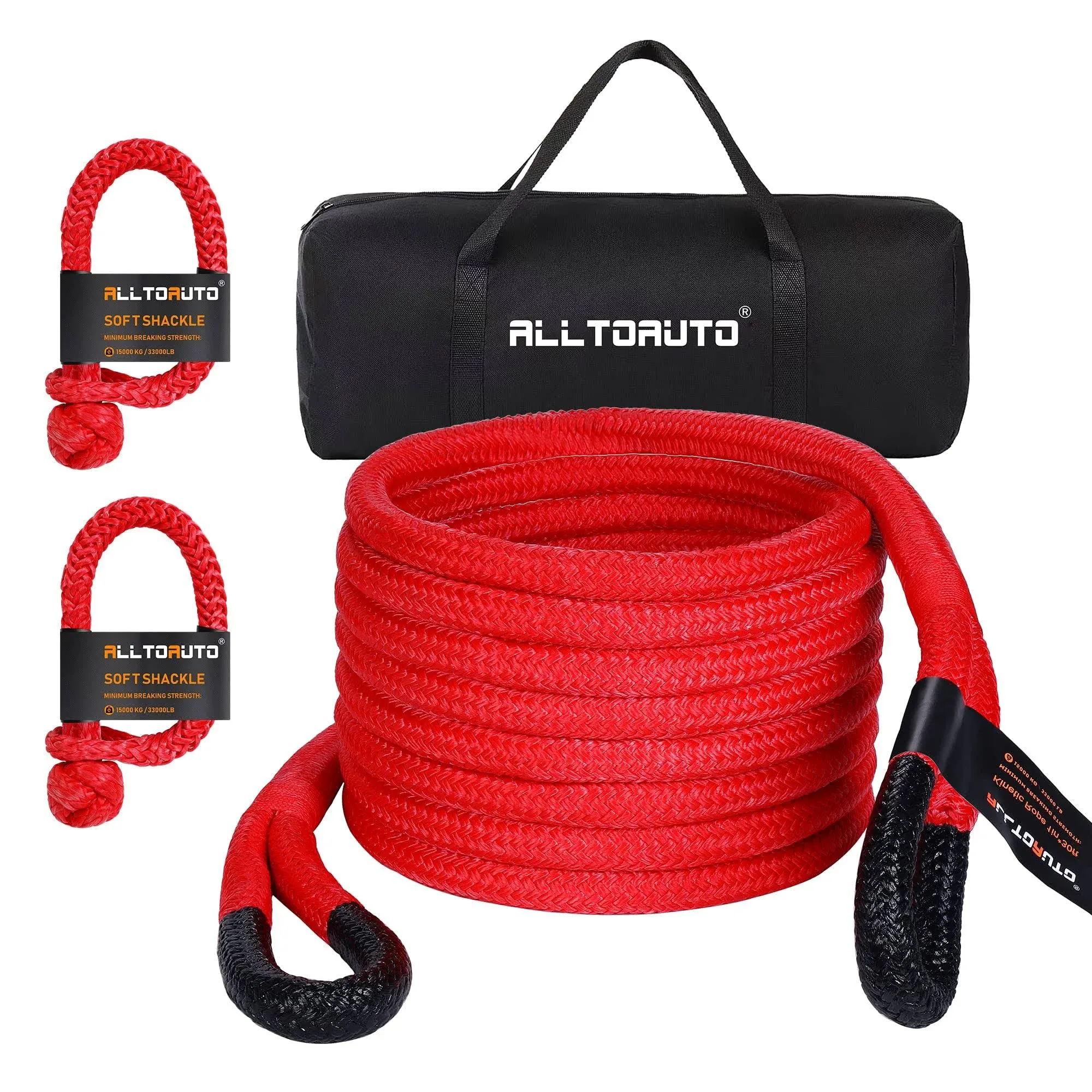 1"×30' Kinetic Recovery Rope (33,000lbs) Heavy Duty Offroad Recovery Rope with 2 Soft Shackles 7/16" x 22" (33,000lbs) Offroad Recovery Kit for UTV, ATV, Truck, Car (Red)