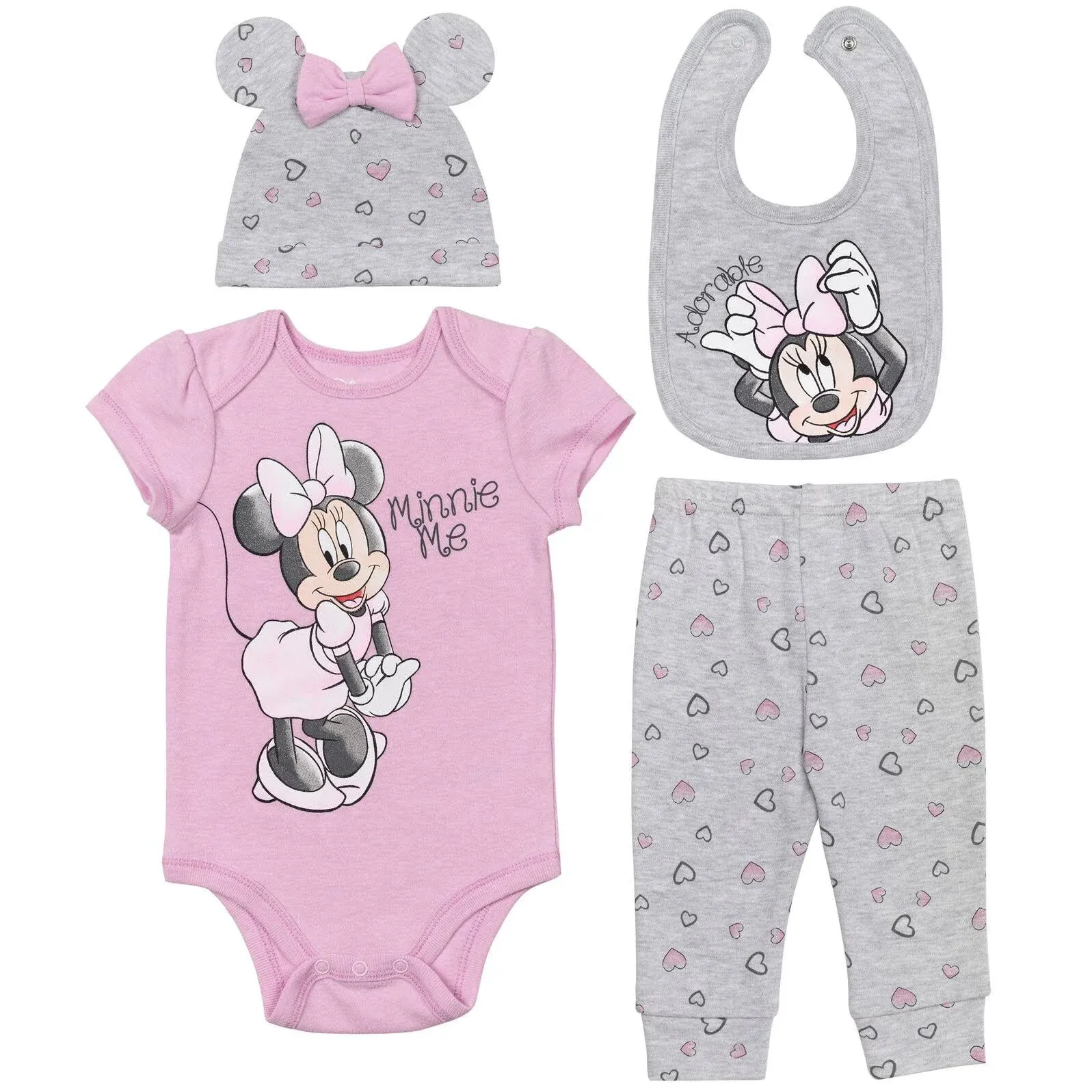 Disney Minnie Mouse Baby Girls Bodysuit Pants Bib and Hat 4 Piece Outfit Set ...