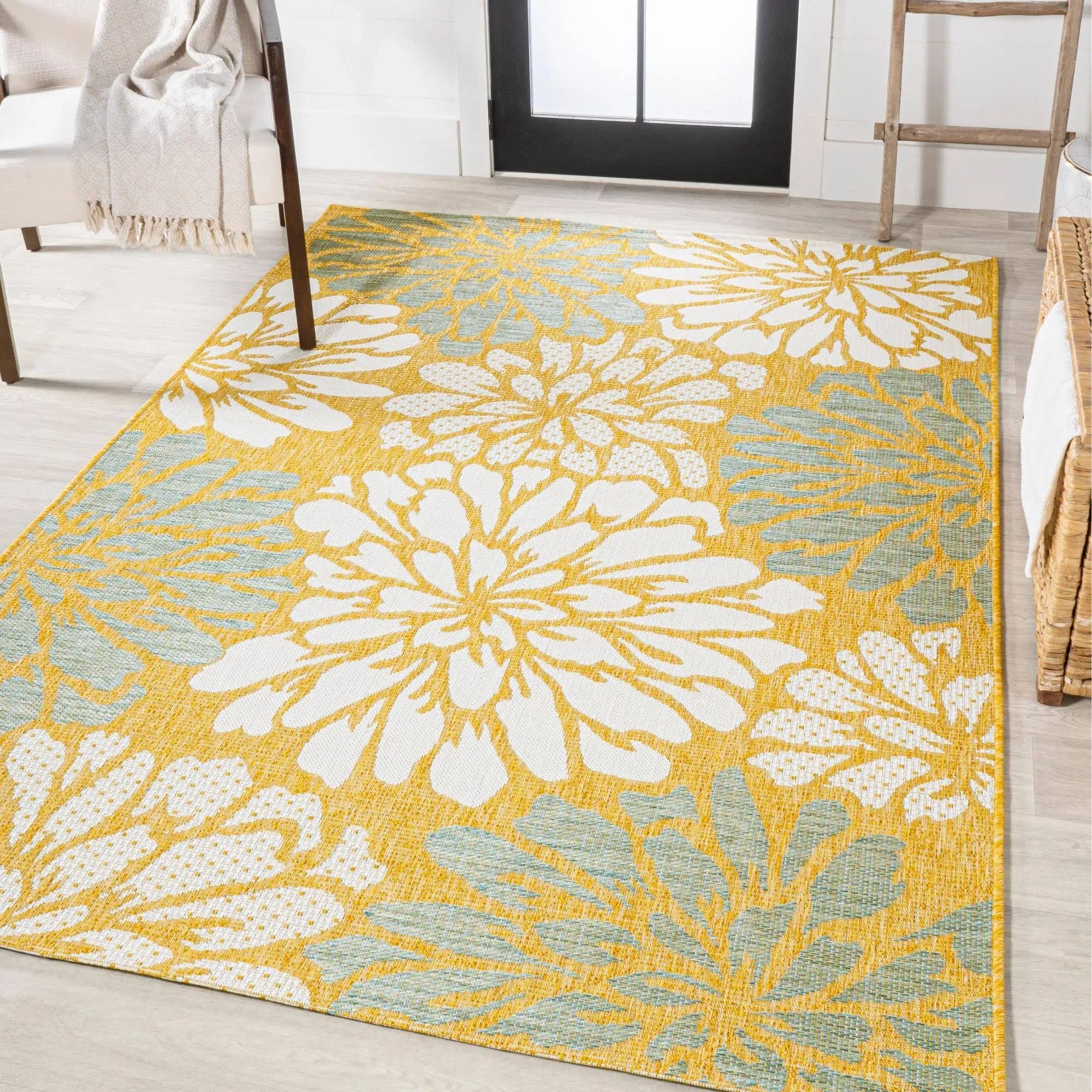 Jonathan Y Zinnia Modern Floral Textured Weave Indoor/Outdoor Area Rug - Yellow/Cream - 9x12 Feet