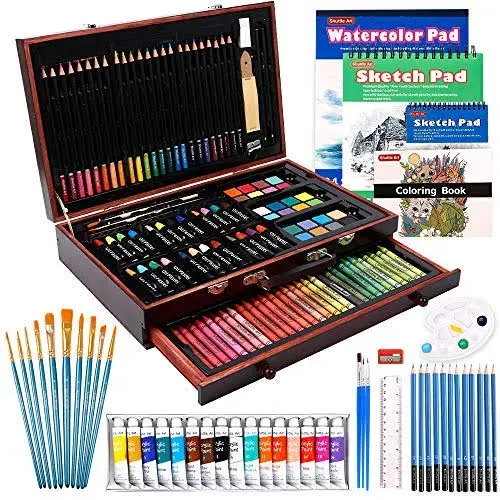 Shuttle Art 186 Piece Deluxe Art Set, Art Supplies in Wooden Case, Painting Drawing Art Kit with Acrylic Paint Pencils Oil Pastels Watercolor Cakes Coloring Book Watercolor Sketch Pad for Kids Adults