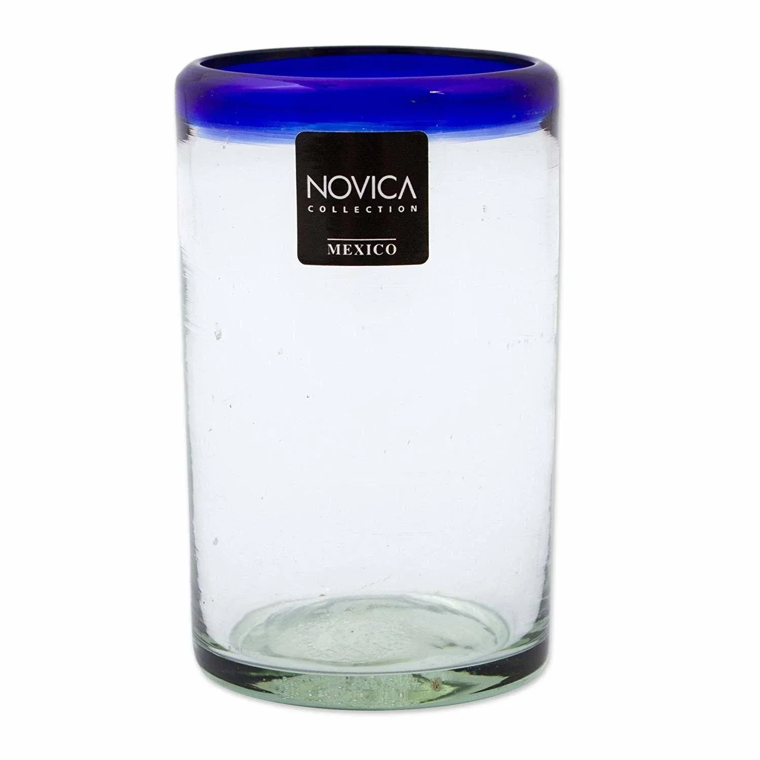 NOVICA Artisan Crafted Hand Blown Clear Blue Rim Recycled Glass Juice Glasses, 4.3In H X 2.6In Diam. 8 Oz. 'Cobalt' (Set Of 6)