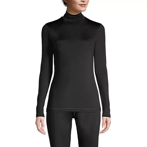 Lands' End Women's Petite Thermaskin Heat Thermal Long Underwear Base Layer Turtleneck Top, Size: Petite XS, Black