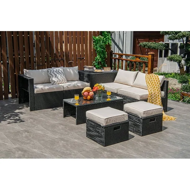 COSTWAY 8PCs Patio Rattan Furniture Set Storage Table Ottoman