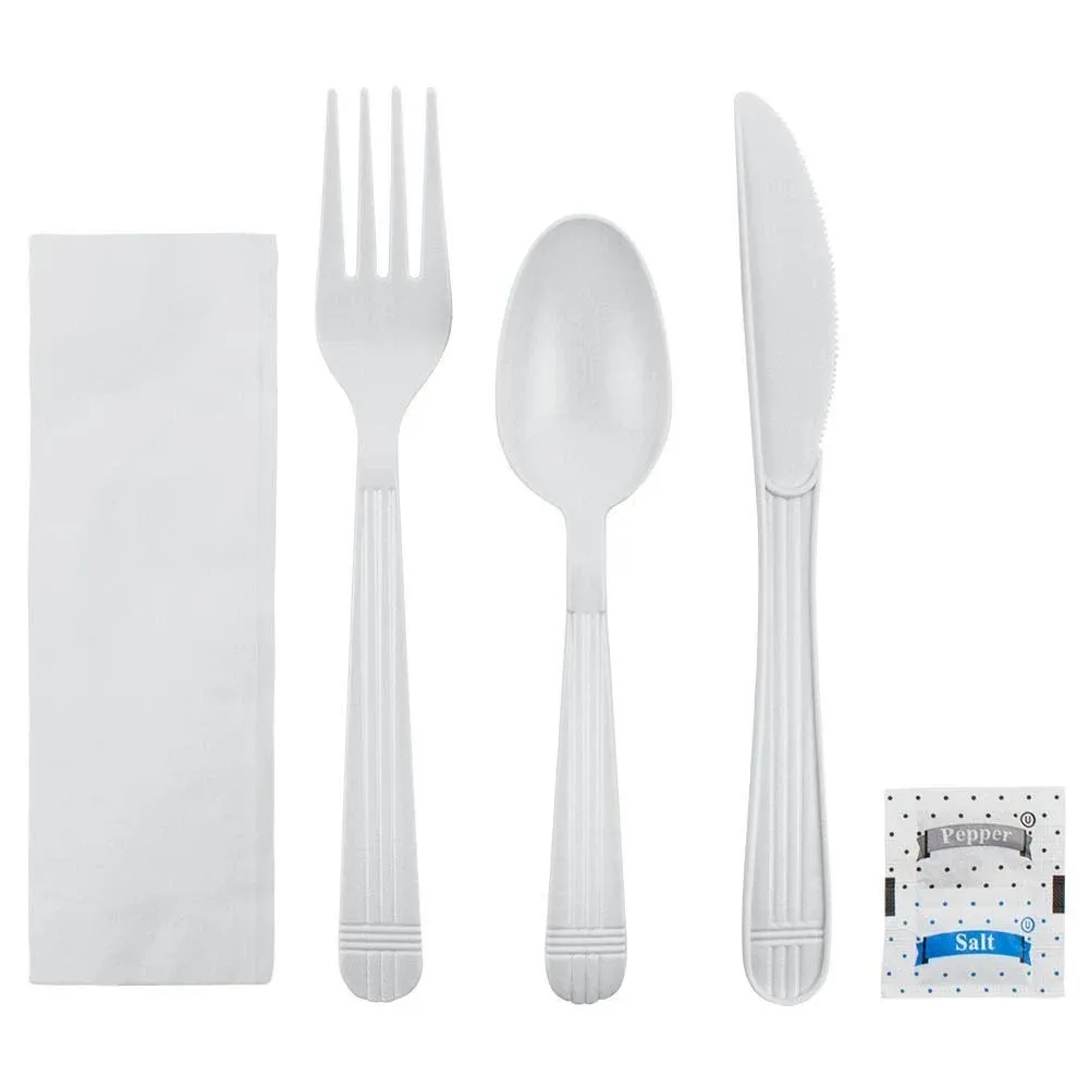 Karat PP Plastic Heavy Weight Cutlery Kits with Salt and Pepper, White - 250 kits