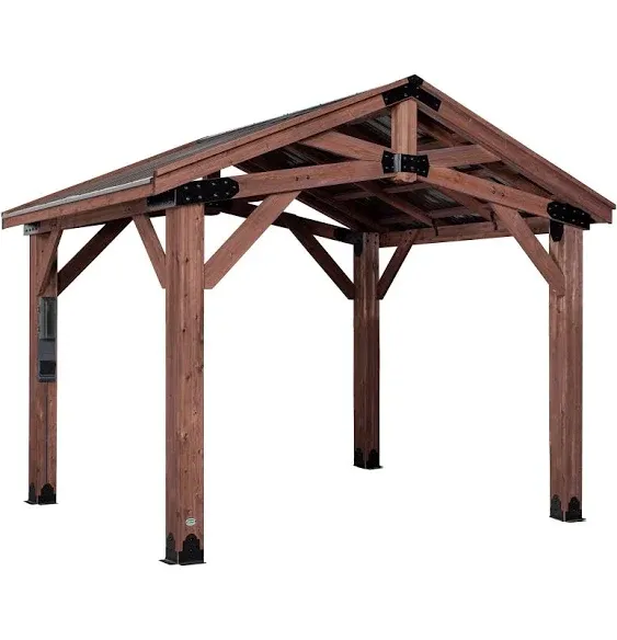 Sunjoy Gazebo de madera de 10 x 12 pies, kiosco de madera con marco de cedro con techo de metal de 2 niveles, adecuado para patios, césped y patio trasero, techo marrón oscuro + marco de madera oscura