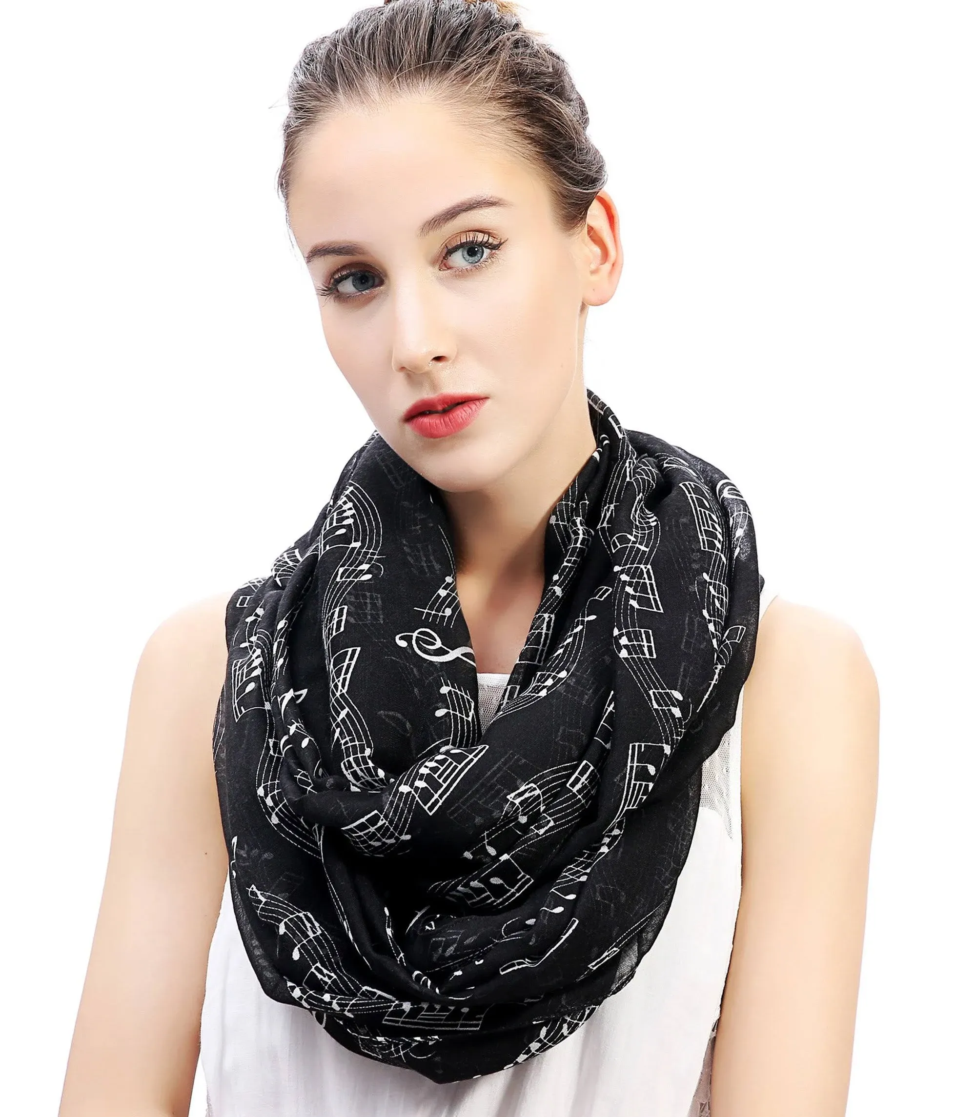 Lina & Lily Women's Musical Notes Print Infinity Loop Scarf (Black)