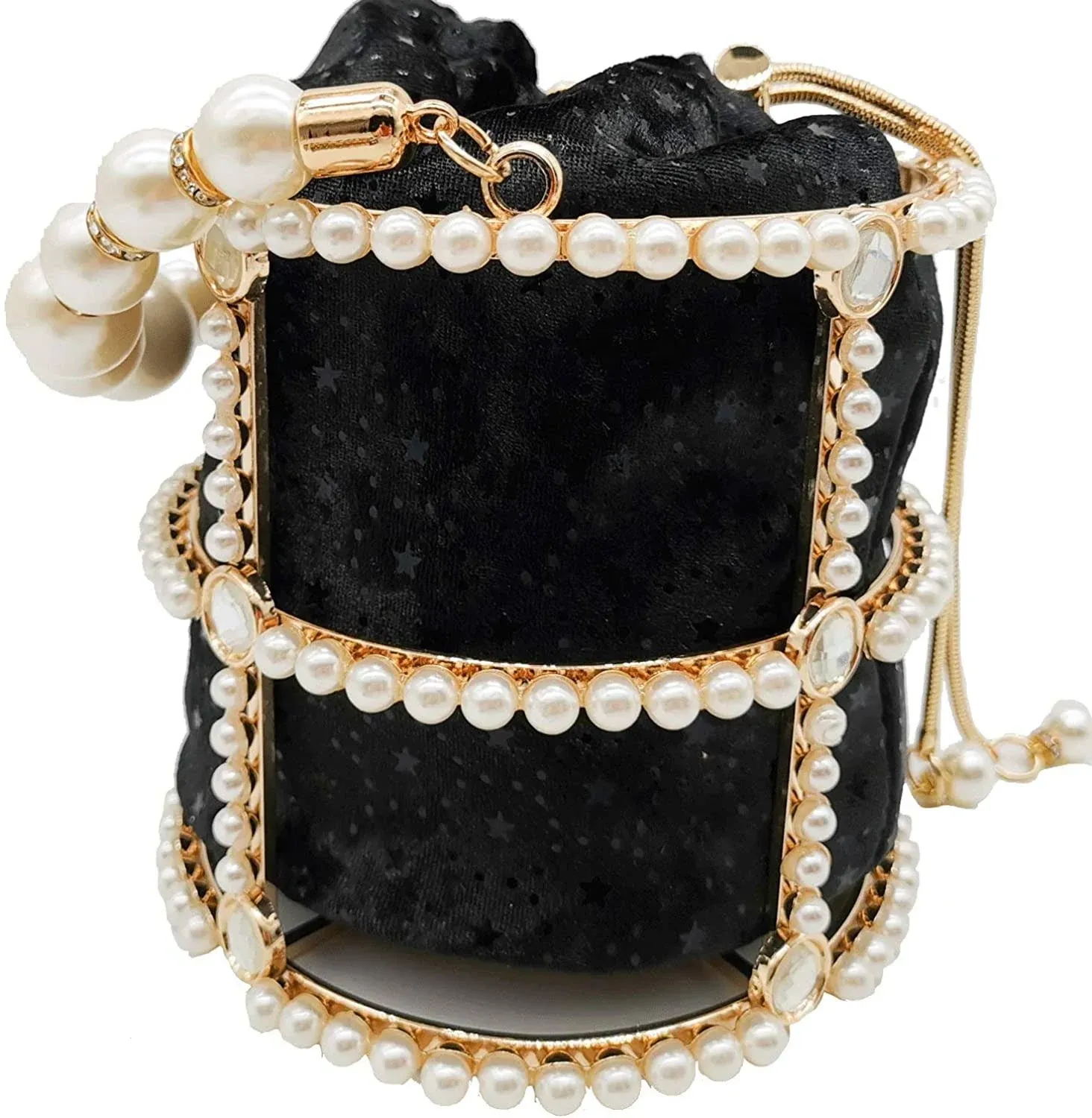 Synthetic Pearl Top-Handle Women Metal Bucket Bag Crystal Evening Purses