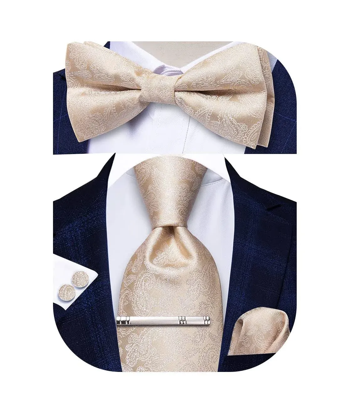 Hi-Tie Men Ties Bowtie Set Woven Silk Necktie Bow Tie and Pocket Square Cufflinks Set with Tie Clip or Flower Lapel Pin