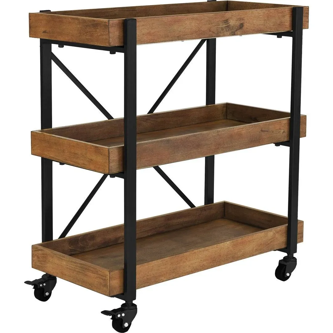 Riley Modern Rustic Rolling Bar Cart with Wheels, 32 Inch Height, Kitchen Organi