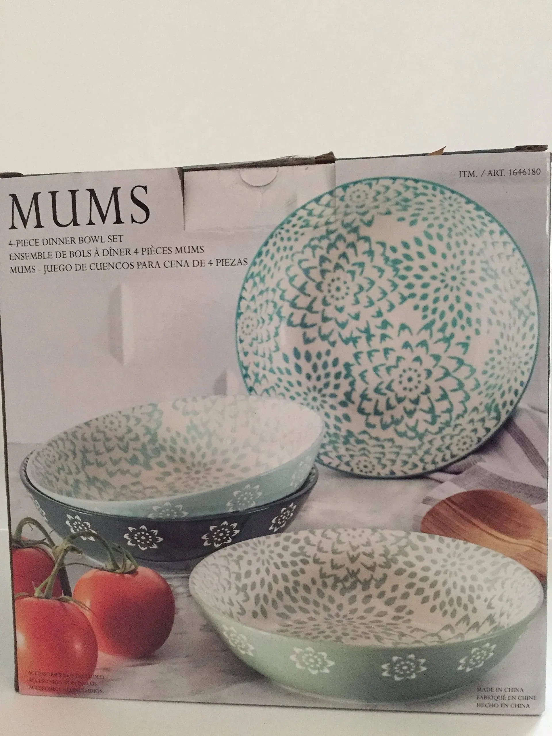 Baum Mums 4-Piece 8&#034; Dinner Bowl Set, Green/Blue. Convenient Storage. New Bowls